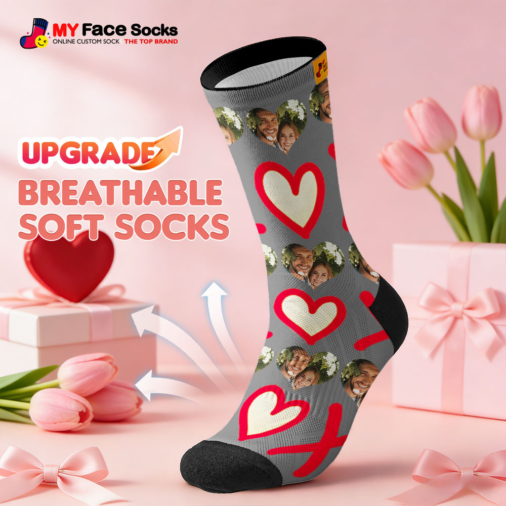 Personalized Green Heart Face Socks Custom Valentine Day Socks with Photo Cute Heart Pattern Couple Gift - MyFaceSocksAU