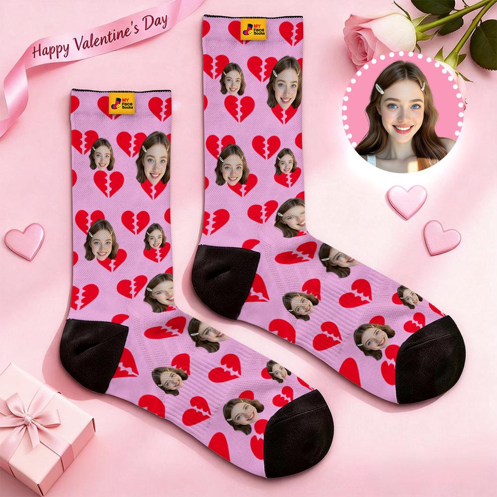 Custom Colorful Face Socks Personalized Valentine Day Socks with Photo Cute Heart Pattern Couple Gift - MyFaceSocksAU