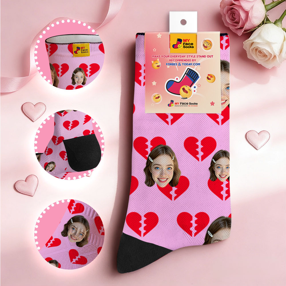 Custom Colorful Face Socks Personalized Valentine Day Socks with Photo Cute Heart Pattern Couple Gift - MyFaceSocksAU