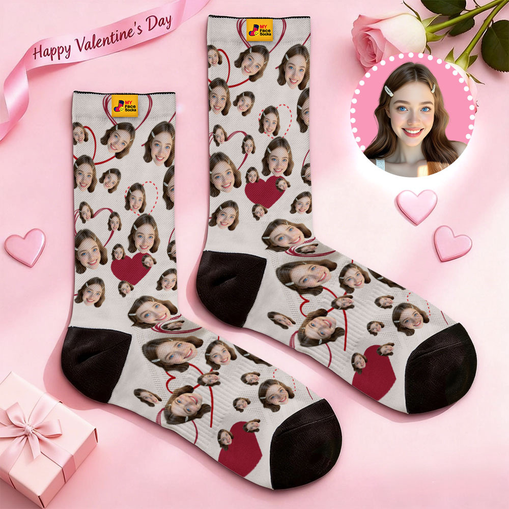 Custom Heart Face Socks Personalized Photo Valentine’s Day Couple Gift - MyFaceSocksAU