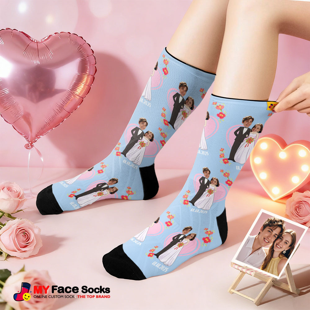 Custom Wedding Theme Black Face Socks Personalized Couple Name Valentine Day Socks with Photo Cute Couple Gift - MyFaceSocksAU