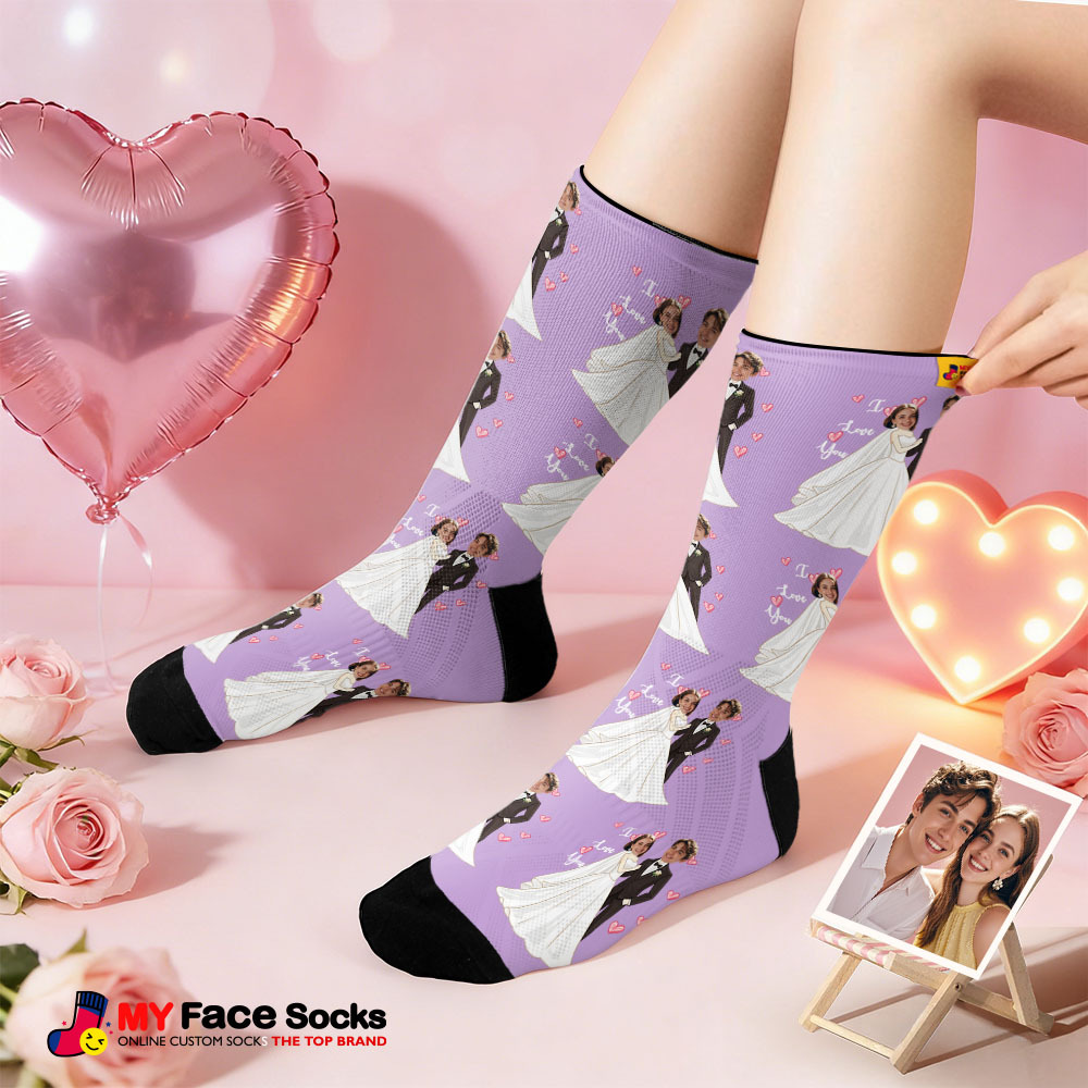 Custom Wedding Theme Purple Face Socks Personalized I Love You Valentine Day Socks with Photo Cute Couple Gift - MyFaceSocksAU