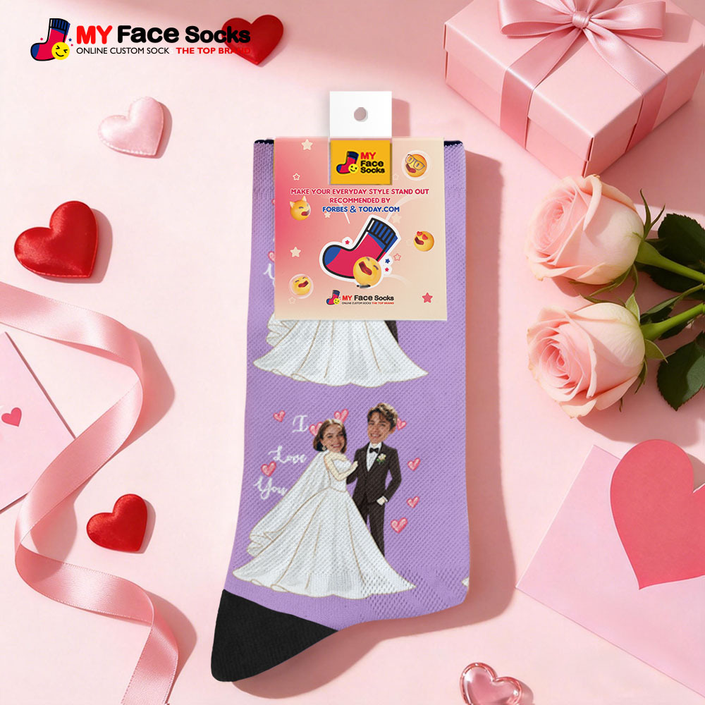 Custom Wedding Theme Purple Face Socks Personalized I Love You Valentine Day Socks with Photo Cute Couple Gift - MyFaceSocksAU