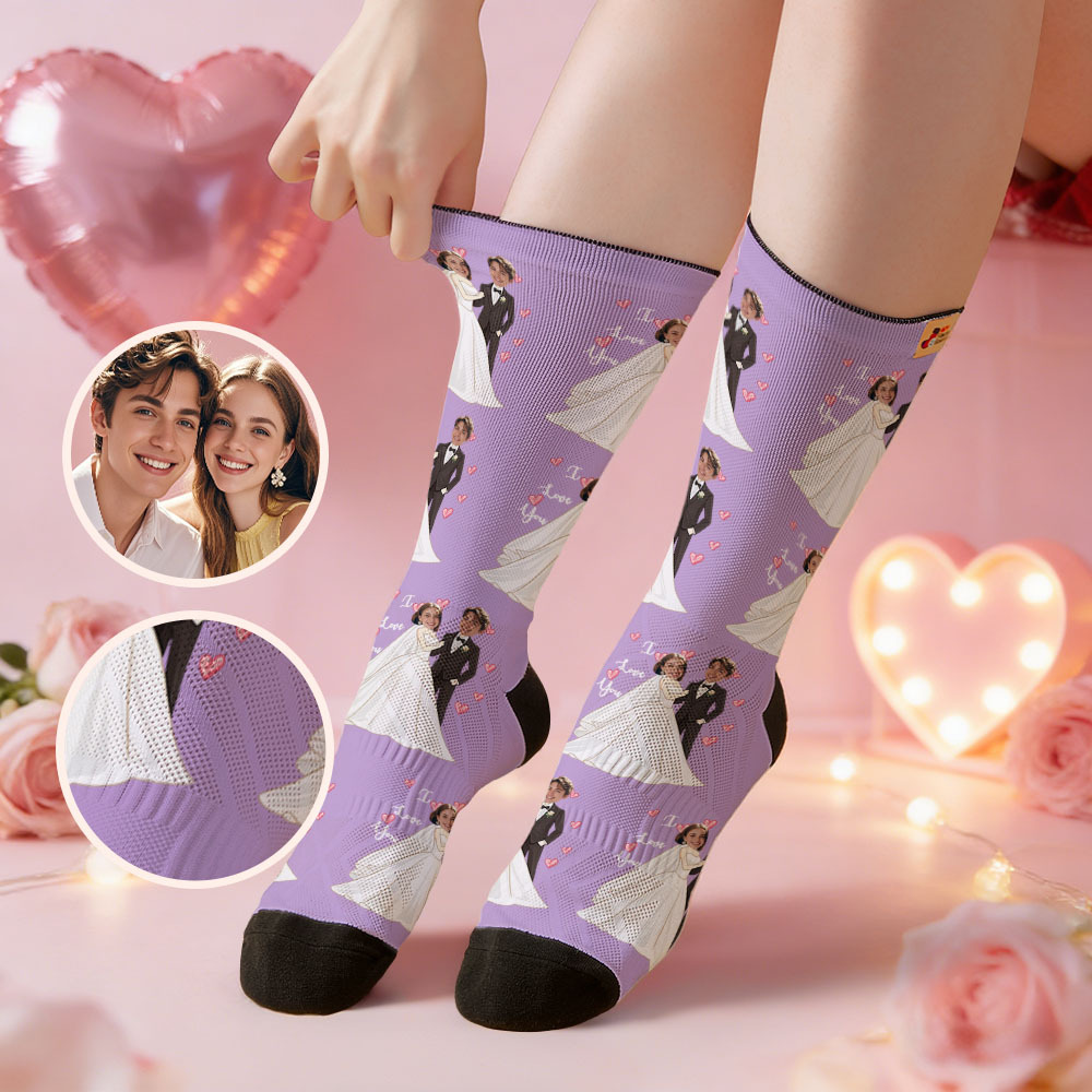 Custom Wedding Theme Purple Face Socks Personalized I Love You Valentine Day Socks with Photo Cute Couple Gift - MyFaceSocksAU