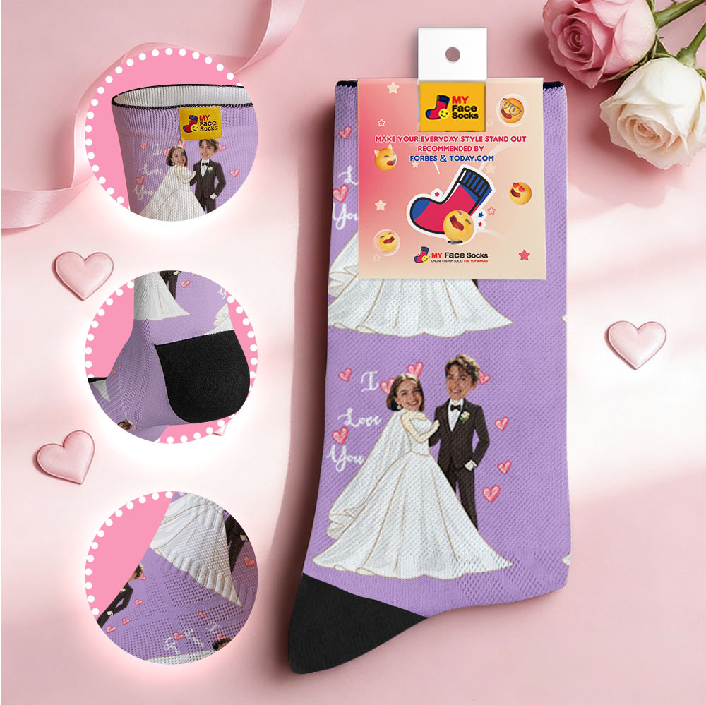Custom Wedding Theme Purple Face Socks Personalized I Love You Valentine Day Socks with Photo Cute Couple Gift - MyFaceSocksAU