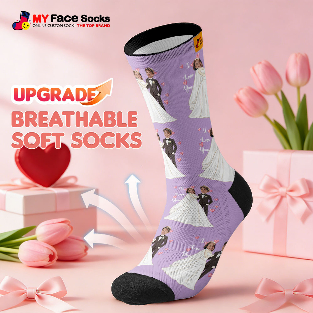 Custom Wedding Theme Purple Face Socks Personalized I Love You Valentine Day Socks with Photo Cute Couple Gift - MyFaceSocksAU