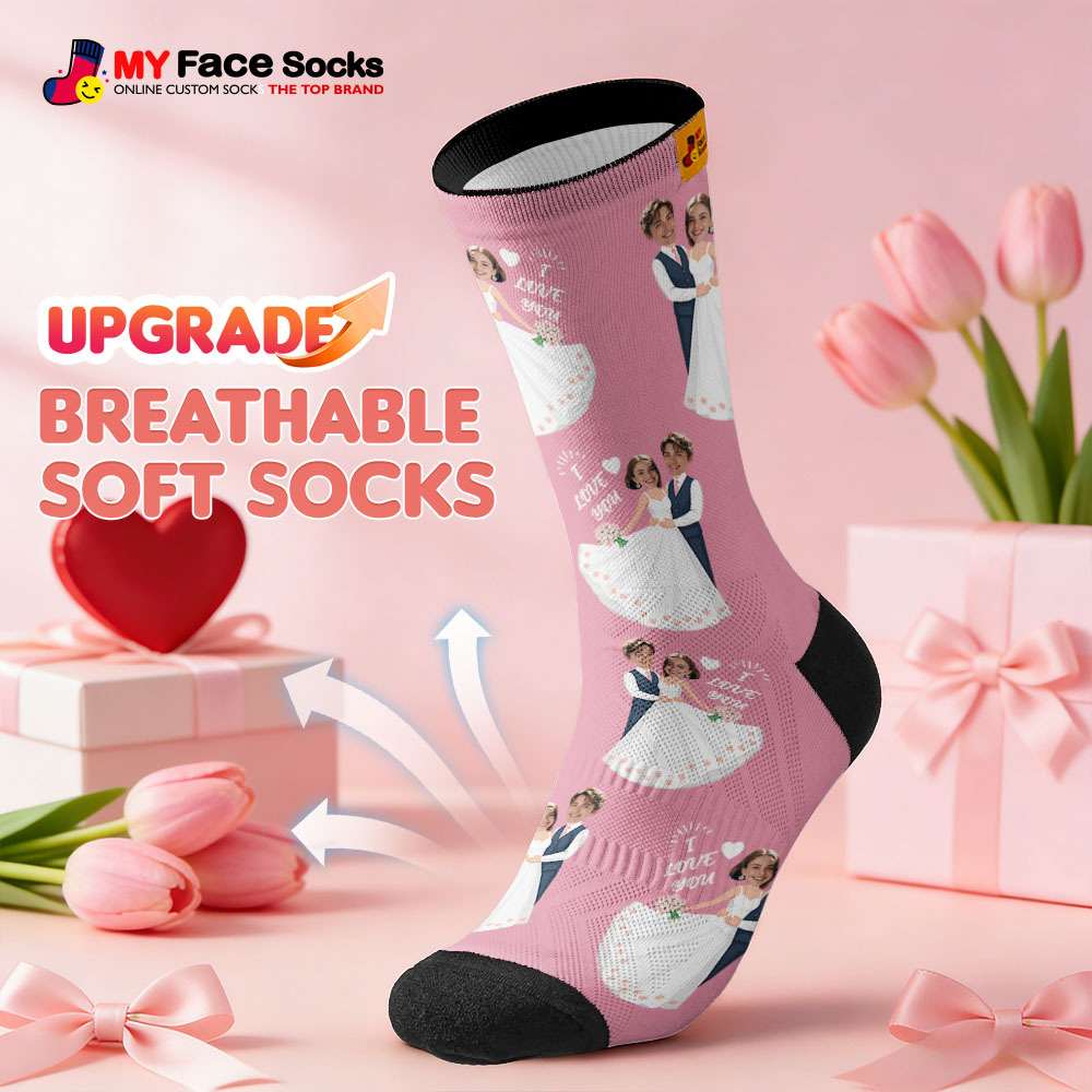 Custom Wedding Theme Purple Face Socks Personalized I Love You Valentine Day Socks with Photo Cute Couple Gift - MyFaceSocksAU
