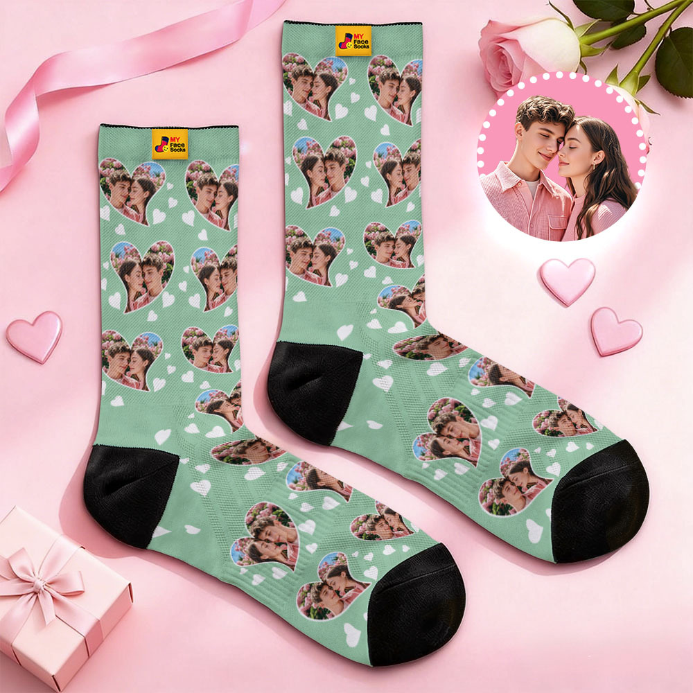 Custom Couple Theme Heart Face Socks Personalized I Love You Couple Valentine Day Socks with Photo Cute Couple Gift - MyFaceSocksAU
