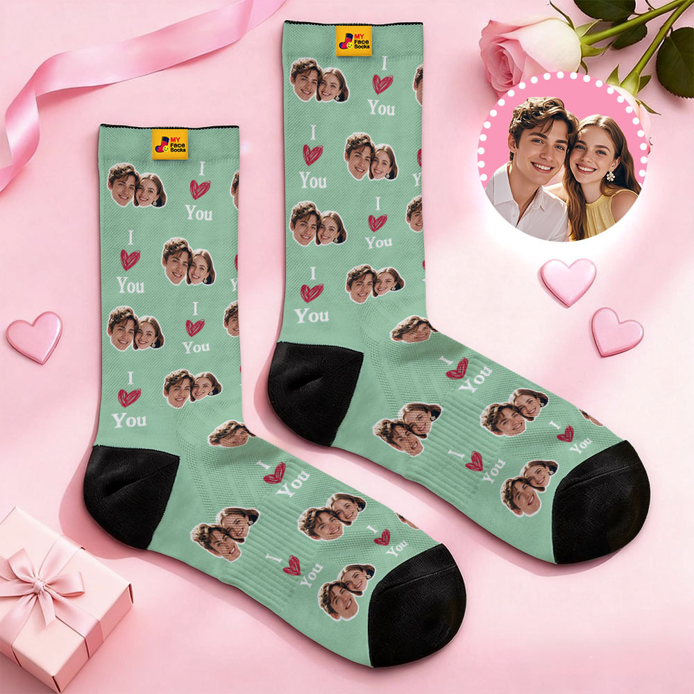 Custom Couple Theme Heart Face Socks Personalized Couple Valentine Day Socks with Photo Cute Couple Gift - MyFaceSocksAU