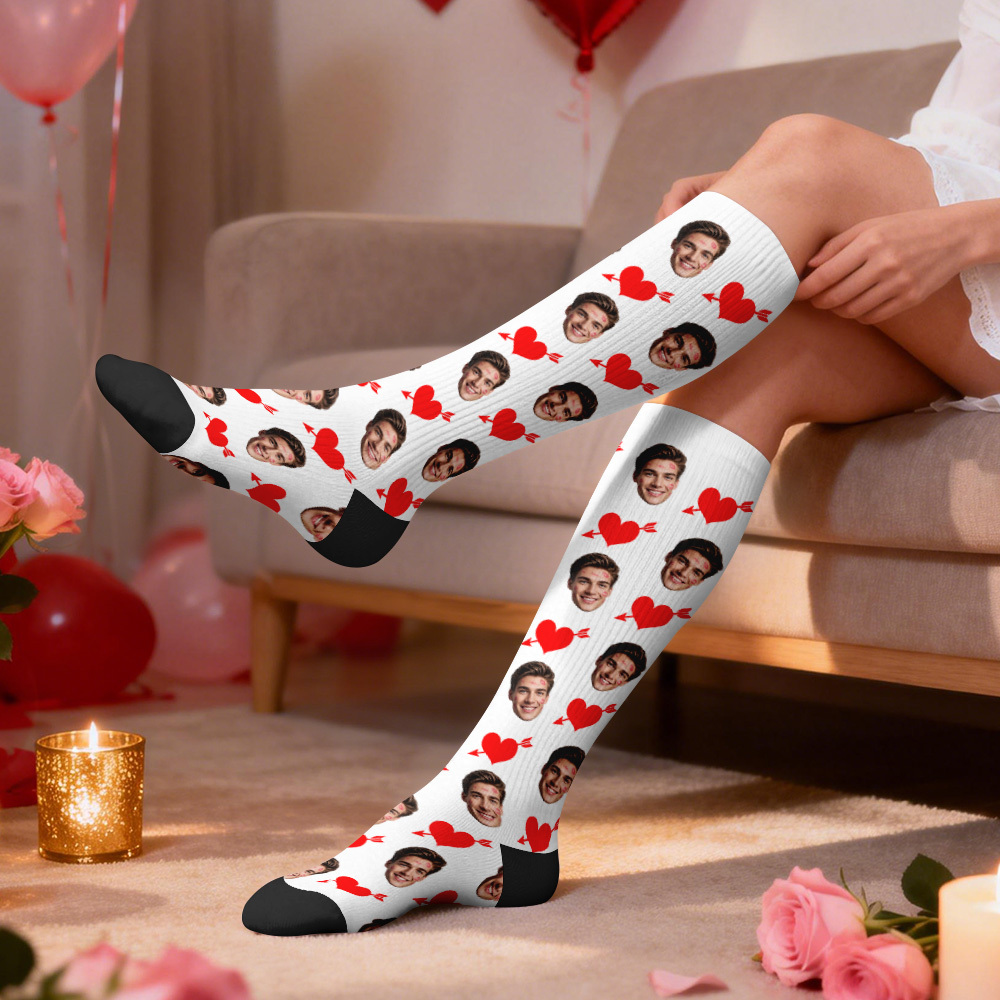 Custom Face Compression Socks Personalized Knee-High Socks with Photo Heart Face Gift for Him Her - MyFaceSocksAU