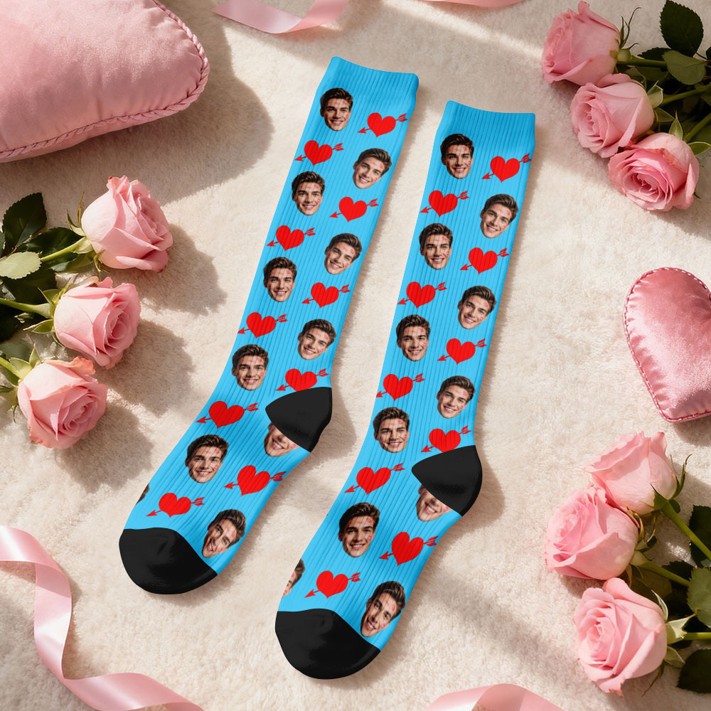 Custom Face Compression Socks Personalized Knee-High Socks with Photo Heart Face Gift for Him Her - MyFaceSocksAU
