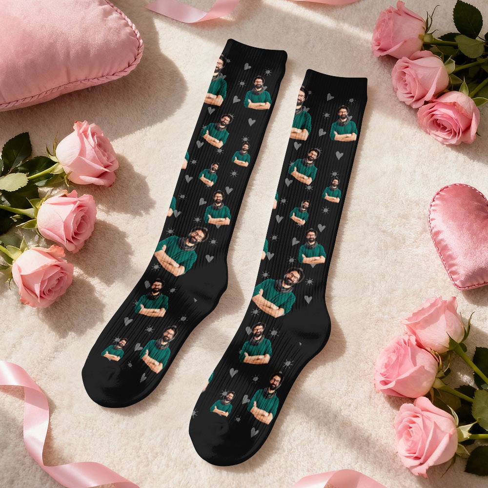 Custom Face Compression Socks Personalized Knee-High Socks with Photo Heart Face Gift for Him Her - MyFaceSocksAU