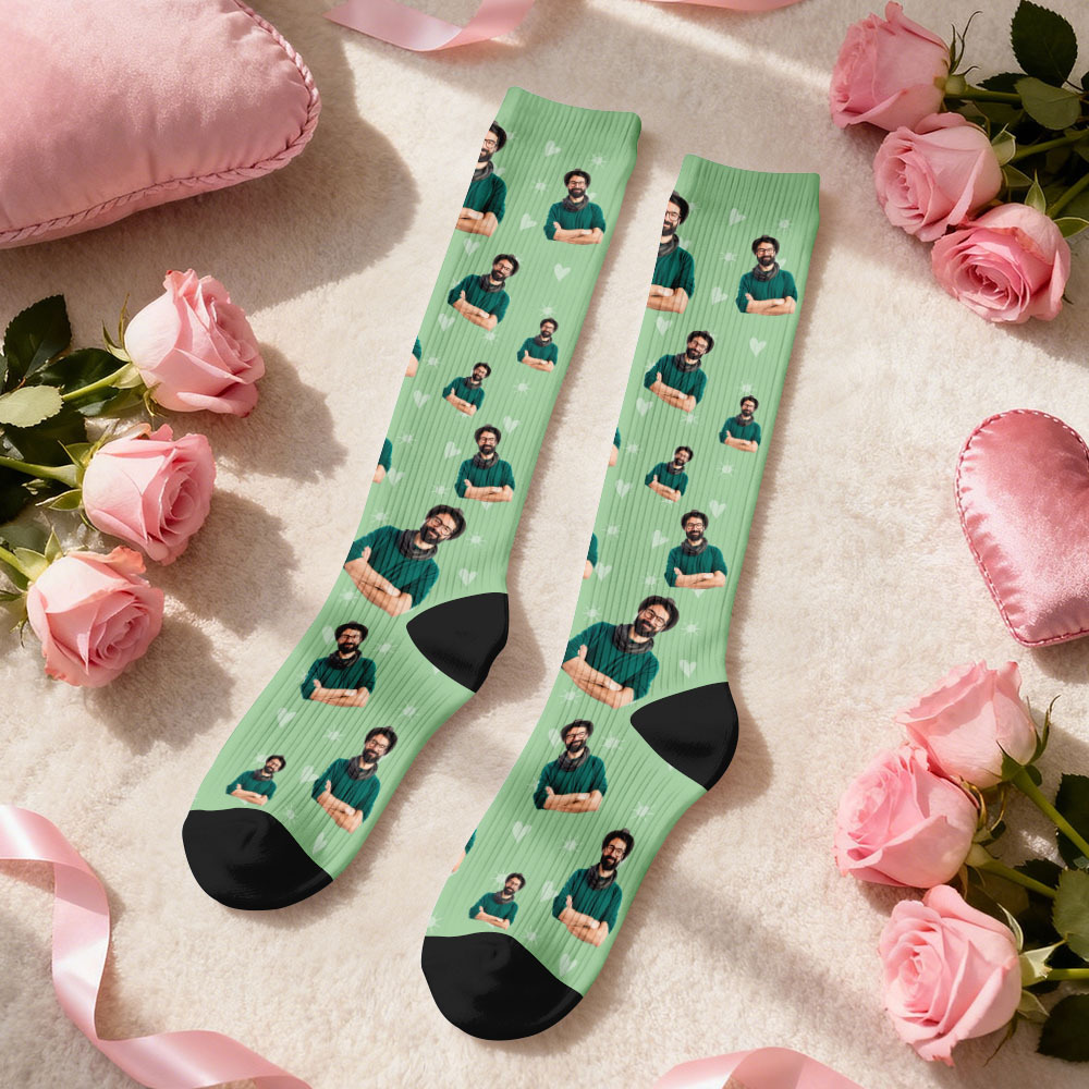 Custom Face Compression Socks Personalized Knee-High Socks with Photo Heart Face Gift for Him Her - MyFaceSocksAU