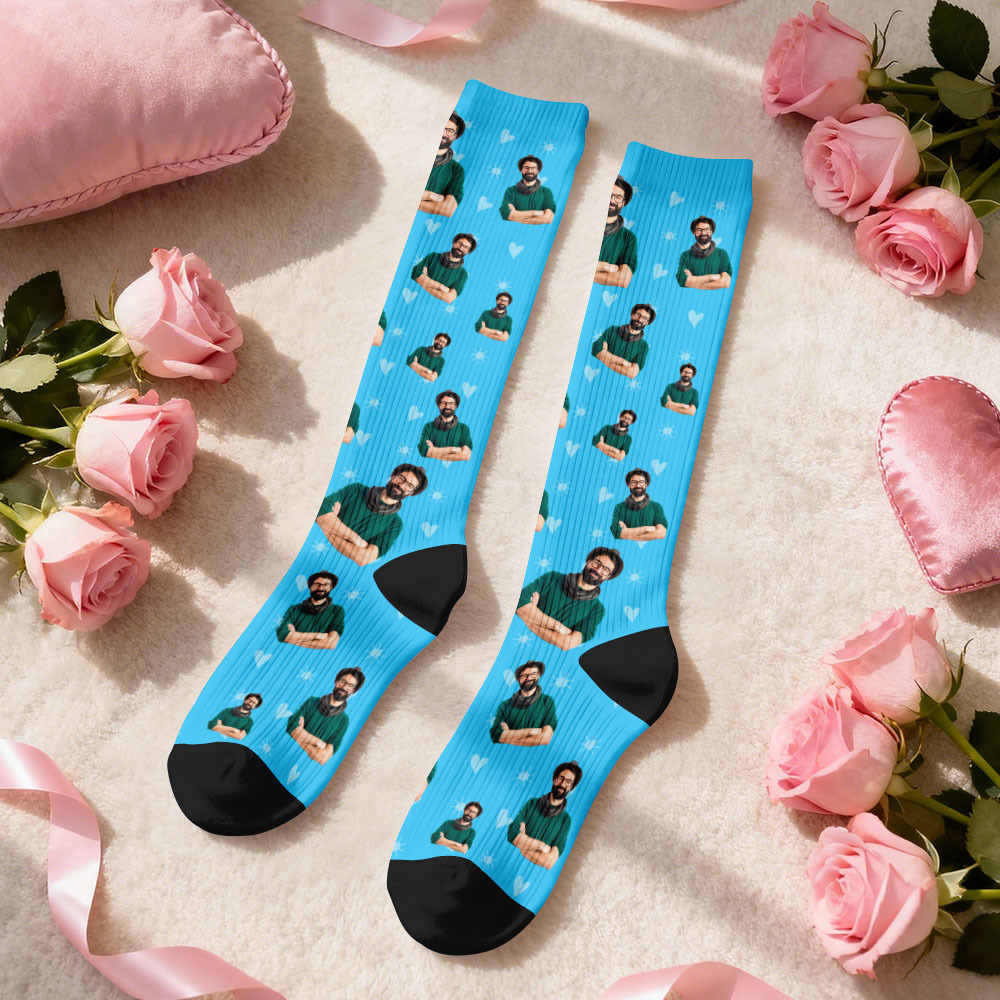 Custom Face Compression Socks Personalized Knee-High Socks with Photo Heart Face Gift for Him Her - MyFaceSocksAU