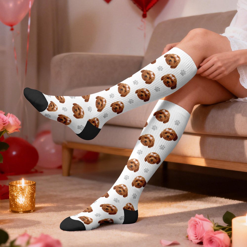 Custom Face Compression Socks Personalized Knee-High Socks with Photo Heart Face Gift for Him Her - MyFaceSocksAU