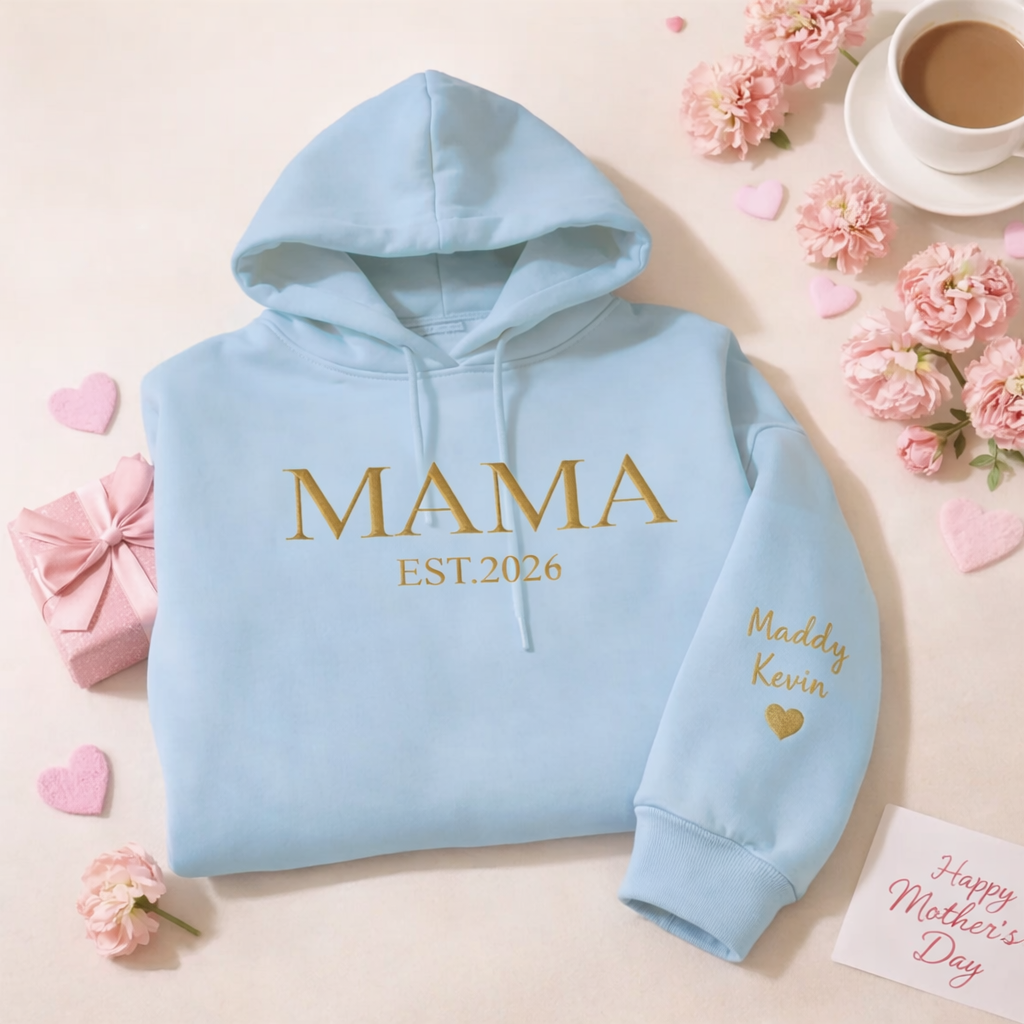 Personalized Mama Embroidered Sweatshirt, Custom Mom Embroidery Hoodie, New Mom Outfit, Pregnancy Reveal Clothing, Happy Mother's Day Gifts - MyFaceSocksAU