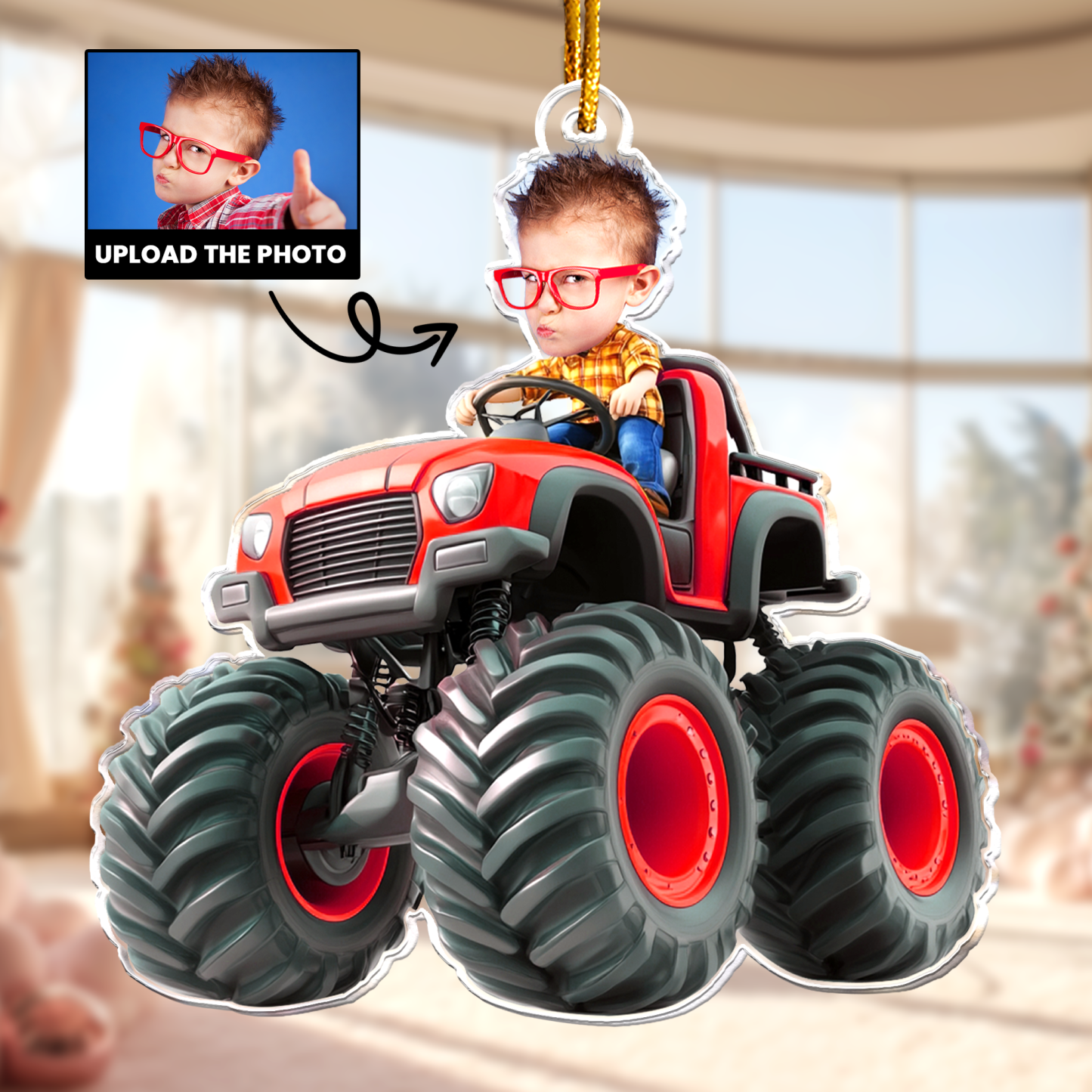 Custom Face Kid Riding Monster Truck Personalized Acrylic Photo Ornament – Kids & Toddler Christmas Gift, Birthday Keepsake - MyFaceSocksAU