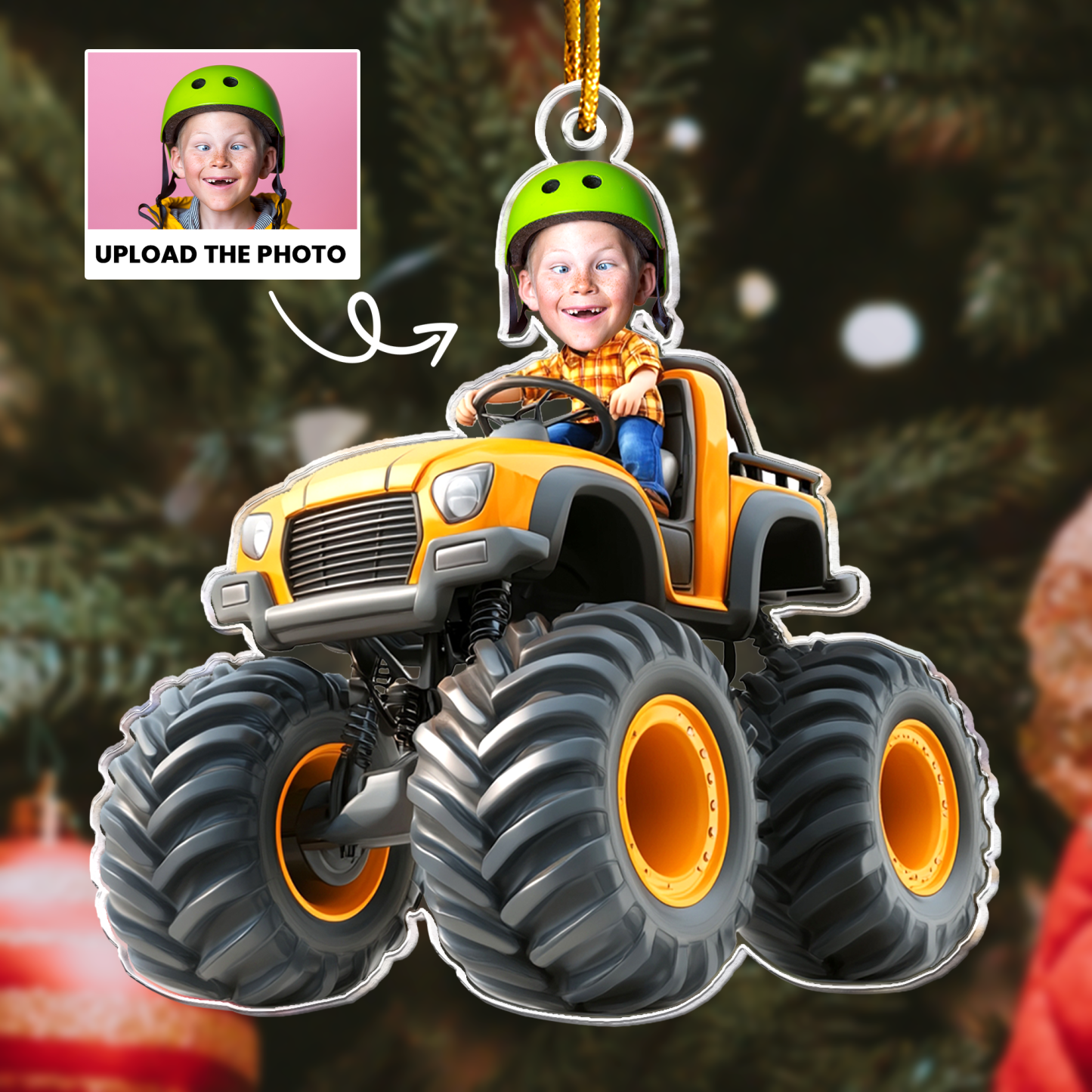 Custom Face Kid Riding Monster Truck Personalized Acrylic Photo Ornament – Kids & Toddler Christmas Gift, Birthday Keepsake - MyFaceSocksAU
