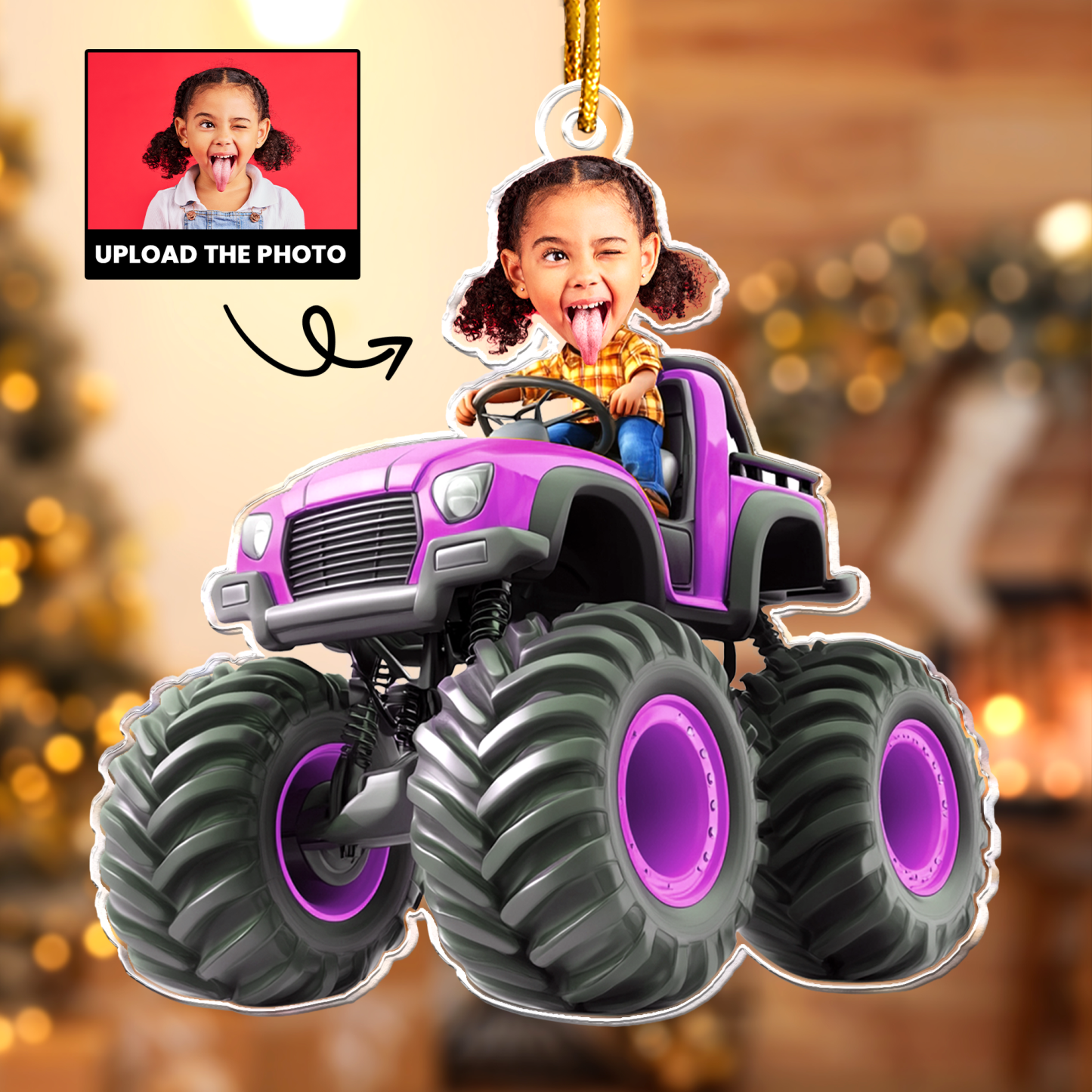 Custom Face Kid Riding Monster Truck Personalized Acrylic Photo Ornament – Kids & Toddler Christmas Gift, Birthday Keepsake - MyFaceSocksAU