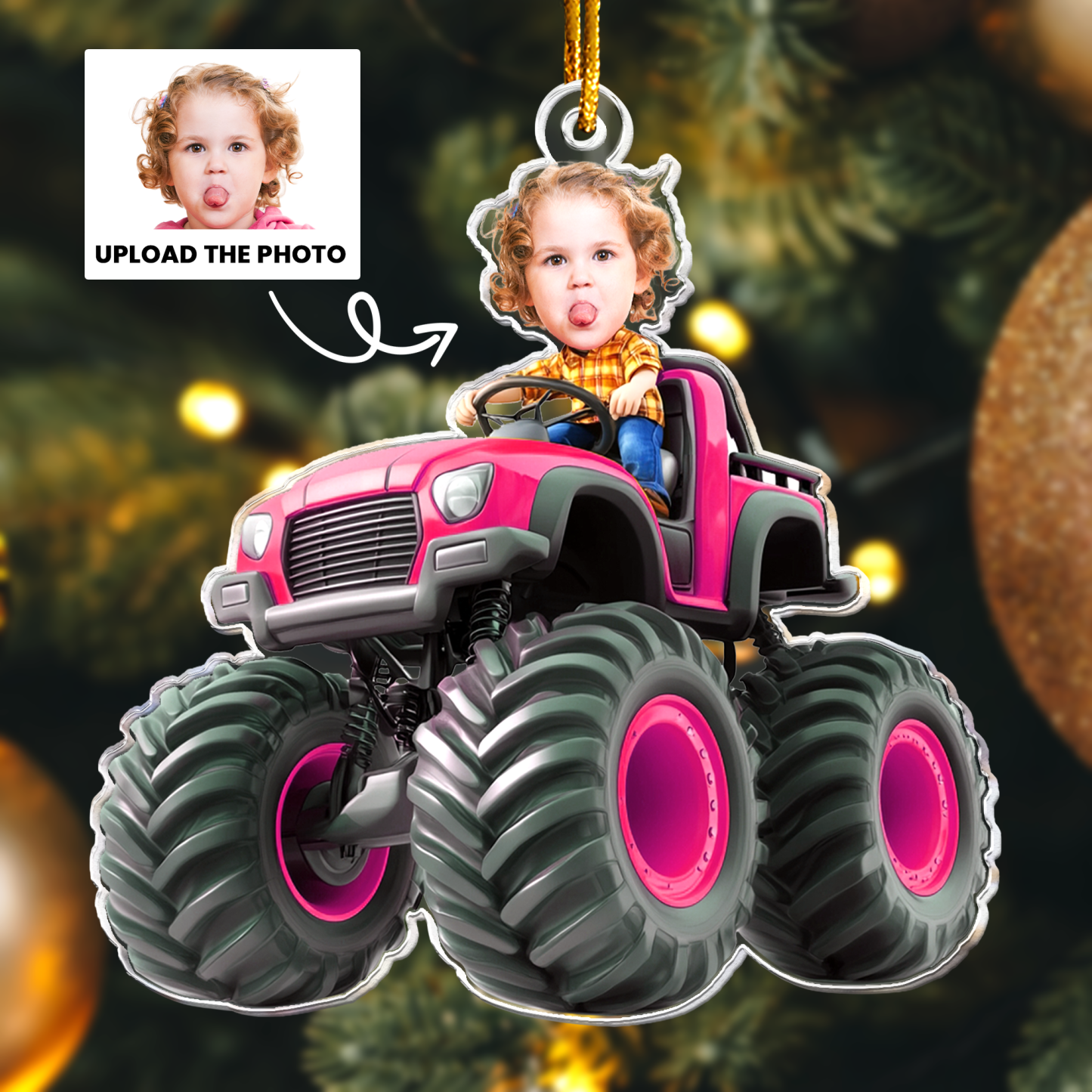 Custom Face Kid Riding Monster Truck Personalized Acrylic Photo Ornament – Kids & Toddler Christmas Gift, Birthday Keepsake - MyFaceSocksAU