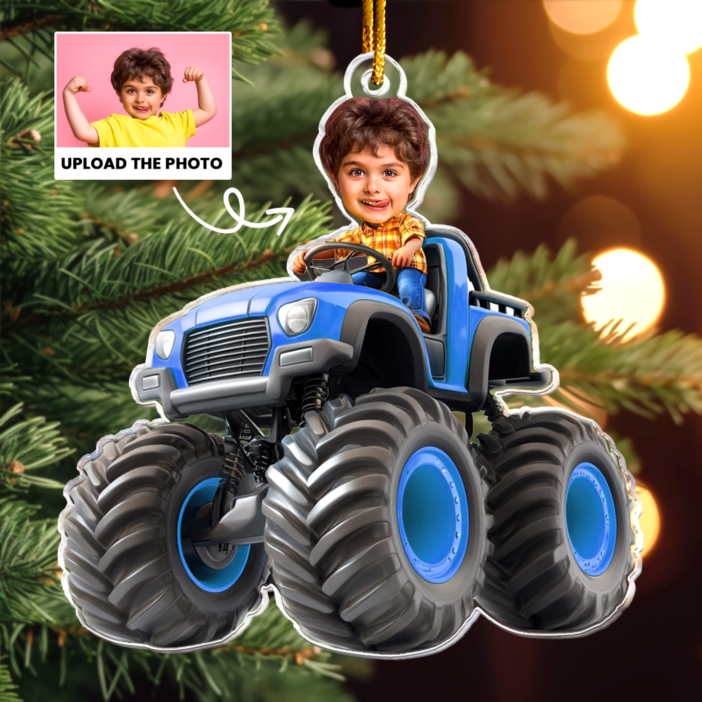 Custom Face Kid Riding Monster Truck Personalized Acrylic Photo Ornament – Kids & Toddler Christmas Gift, Birthday Keepsake - MyFaceSocksAU