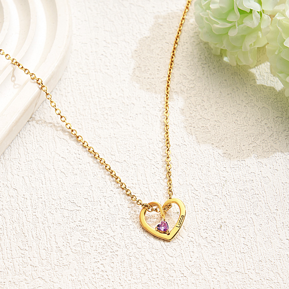 Personalized Heart Name & Birthstone Necklace Custom Gift for Mom or Grandma