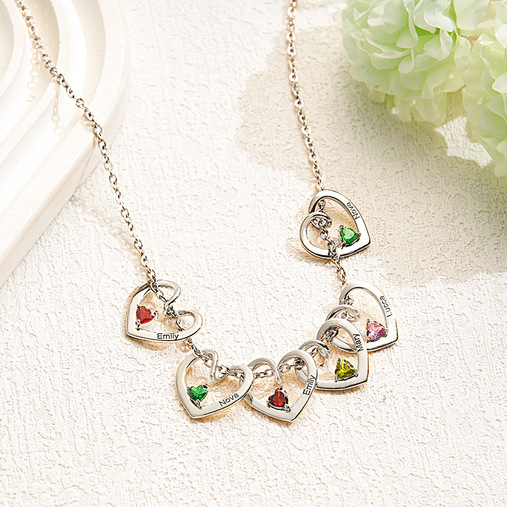 Personalized Heart Name & Birthstone Necklace Custom Gift for Mom or Grandma - MyFaceSocksAU