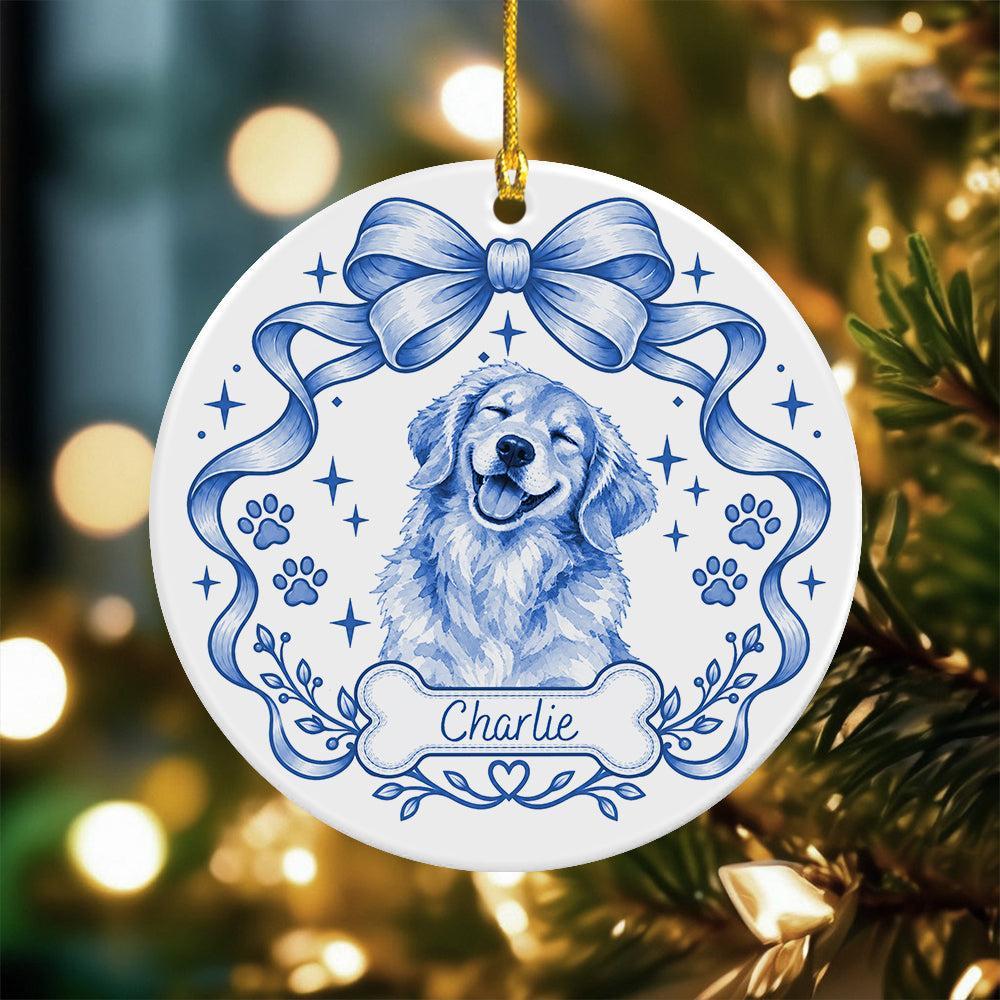 Custom Photo Dog Cat Watercolor Coquette Ceramic Ornament, Personalized Pet Holiday Keepsake - MyFaceSocksAU