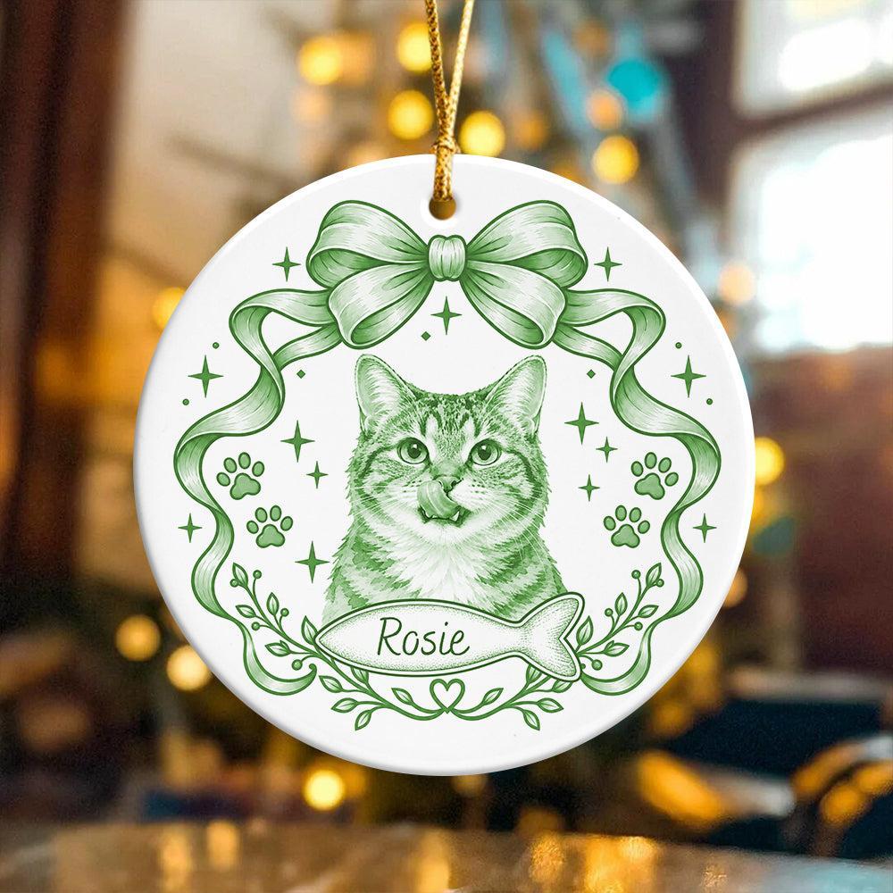 Custom Photo Dog Cat Watercolor Coquette Ceramic Ornament, Personalized Pet Holiday Keepsake - MyFaceSocksAU