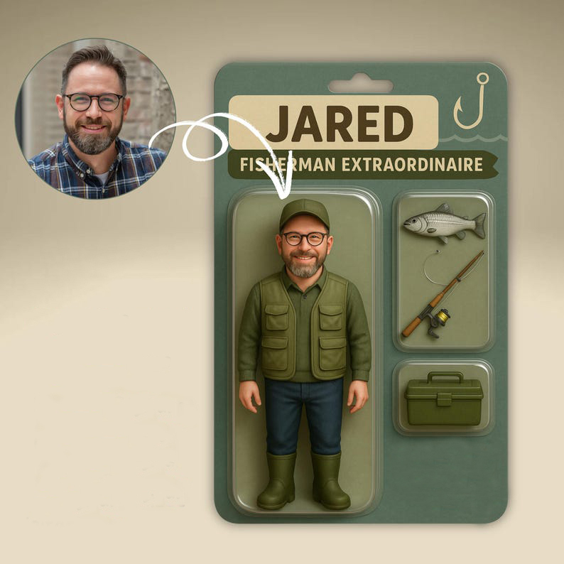 Fully Body Customizable 3D Effect Action Figure Pack Packaging Toy Box Style Art Gift Personalized Acrylic Car Hanger Gift for Dad for Fishing Man - MyFaceSocksAU