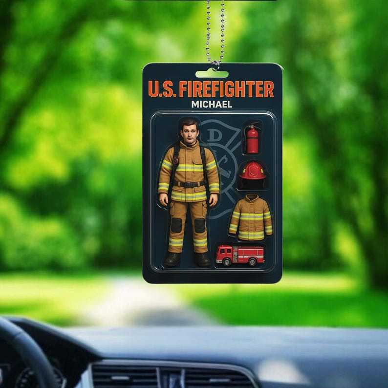 Fully Body Customizable 3D Effect Action Figure Pack Packaging Toy Box Style Art Gift Personalized Acrylic Car Hanger Gift for Fireman-MyFaceSocksAu