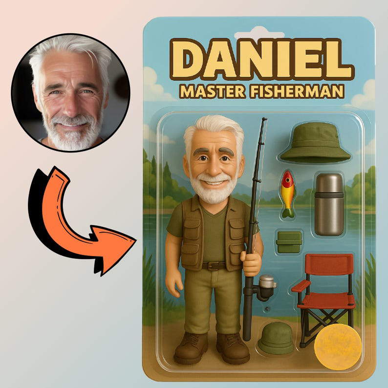 Fully Body Customizable 3D Effect Action Figure Pack Packaging Toy Box Style Art Gift Personalized Acrylic Car Hanger Gift for Dad for Fishing Man - MyFaceSocksAU