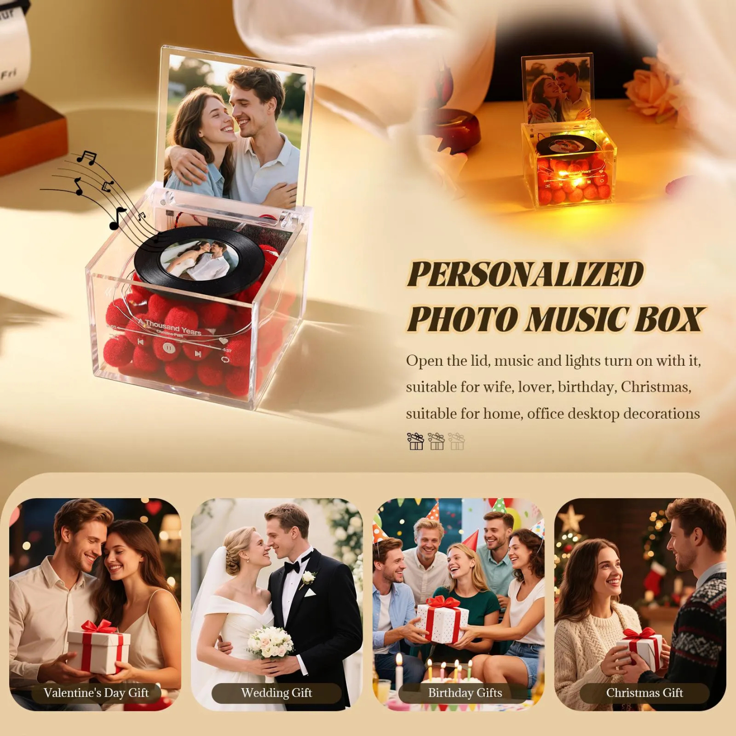Premium Mini Music Record Auto-Music Player Custom Photo with Light Personalized Music Acrylic Box - MyFaceSocksAU