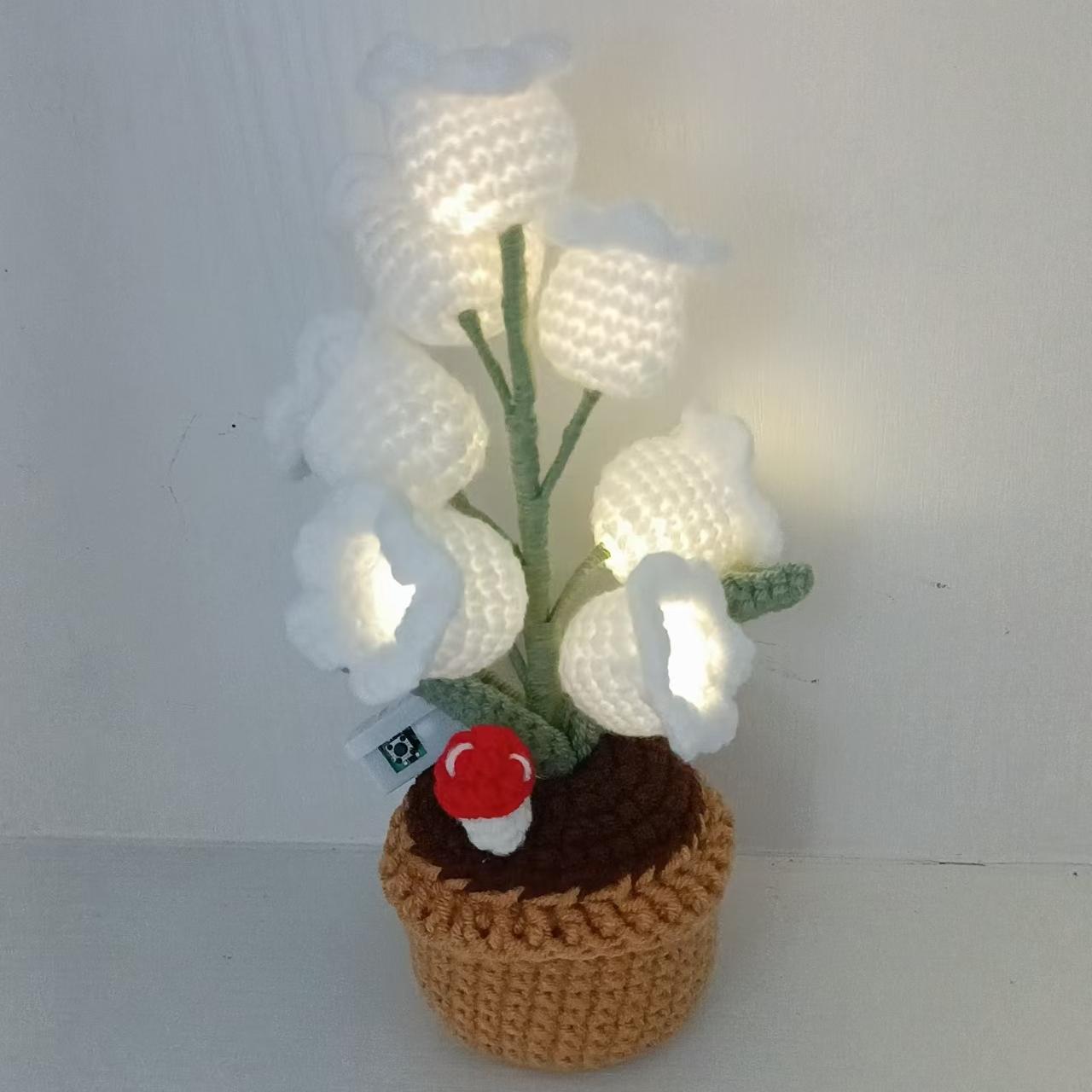 LED Light Crocheted Lily of the Valley - Glowing Potted Knit Flower Home Ambiance Decor - MyFaceSocksAU
