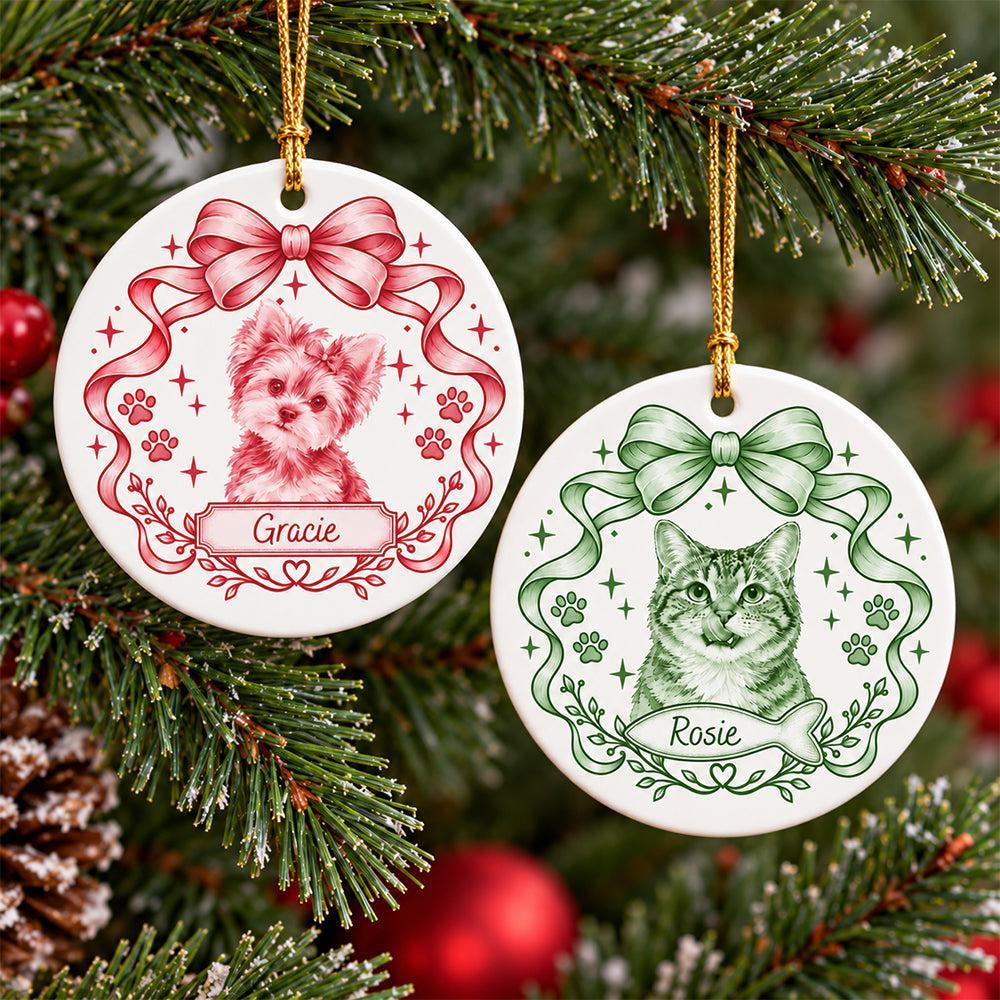 Custom Photo Dog Cat Watercolor Coquette Ceramic Ornament, Personalized Pet Holiday Keepsake - MyFaceSocksAU