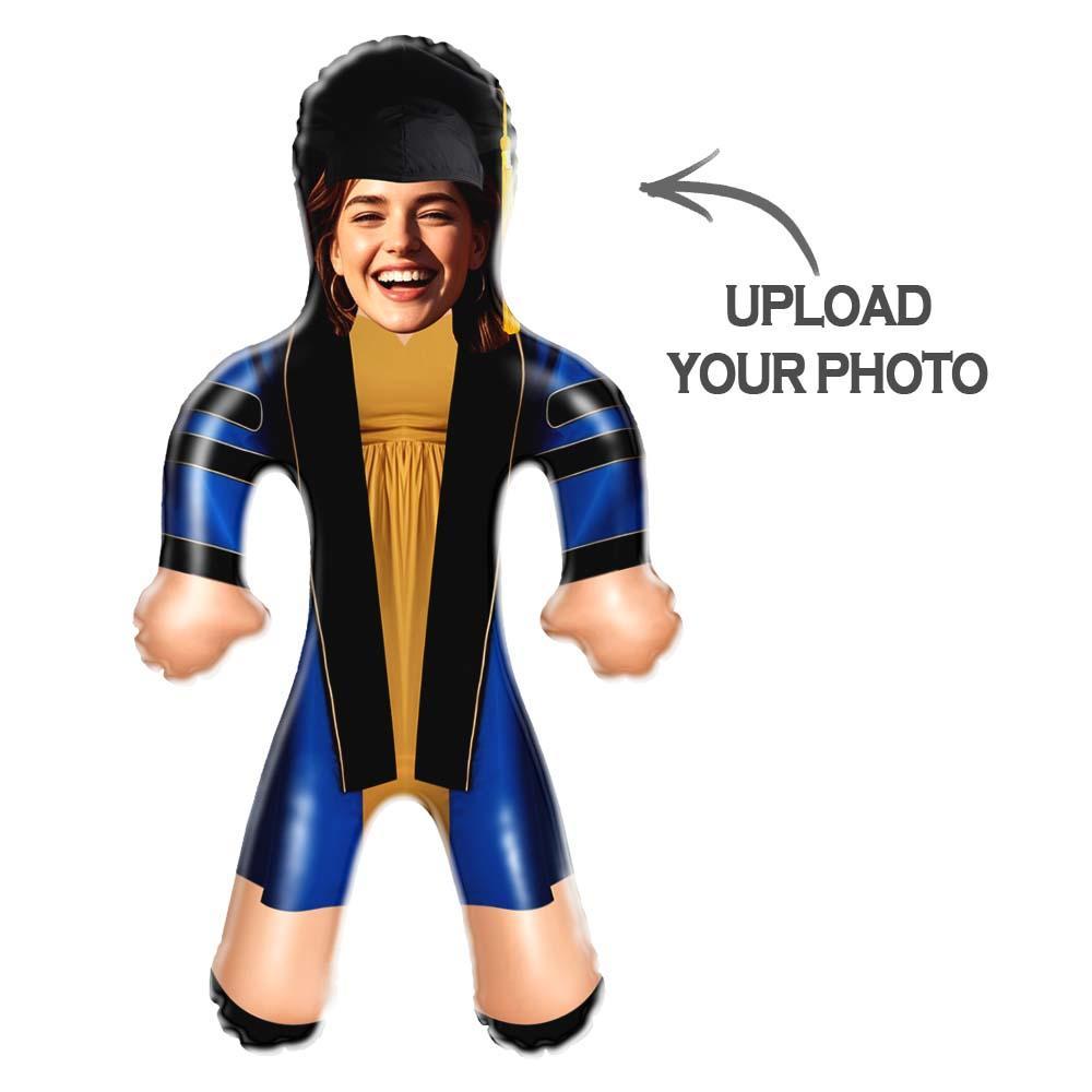 Face Blow Up Doll Blue and Gold Graduation Air Minime Custom Inflatable Face Doll - MyFaceSocksAU