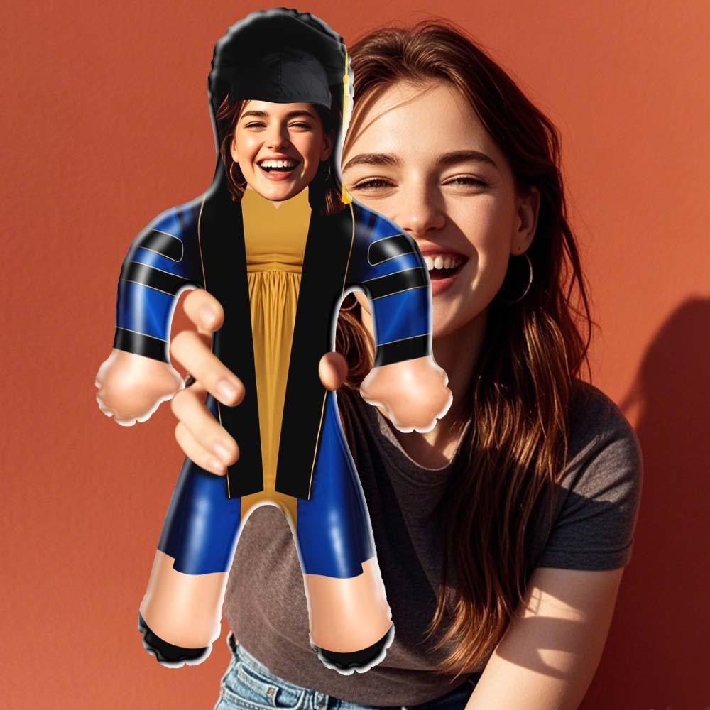 Face Blow Up Doll Blue and Gold Graduation Air Minime Custom Inflatable Face Doll - MyFaceSocksAU