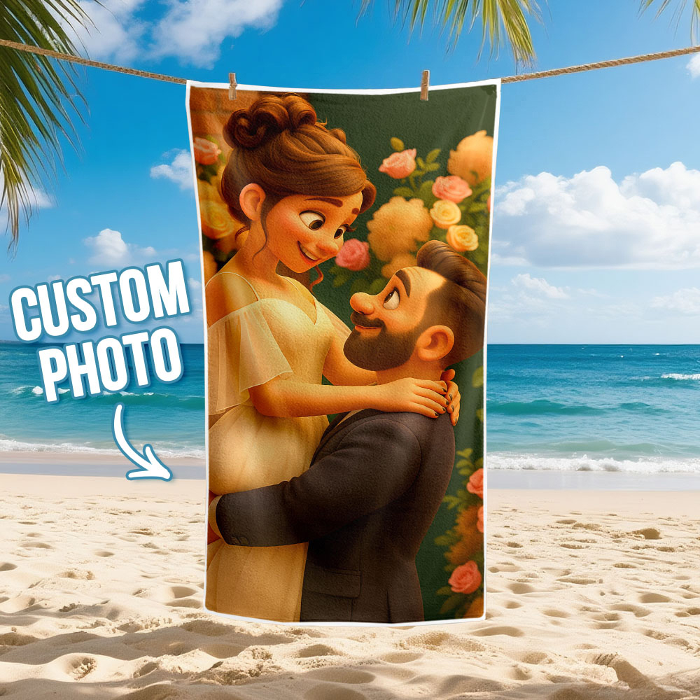 Custom Photo Beach Towel with Cartoon Design Personalized Wedding & Anniversary Gift - MyFaceSocksAU