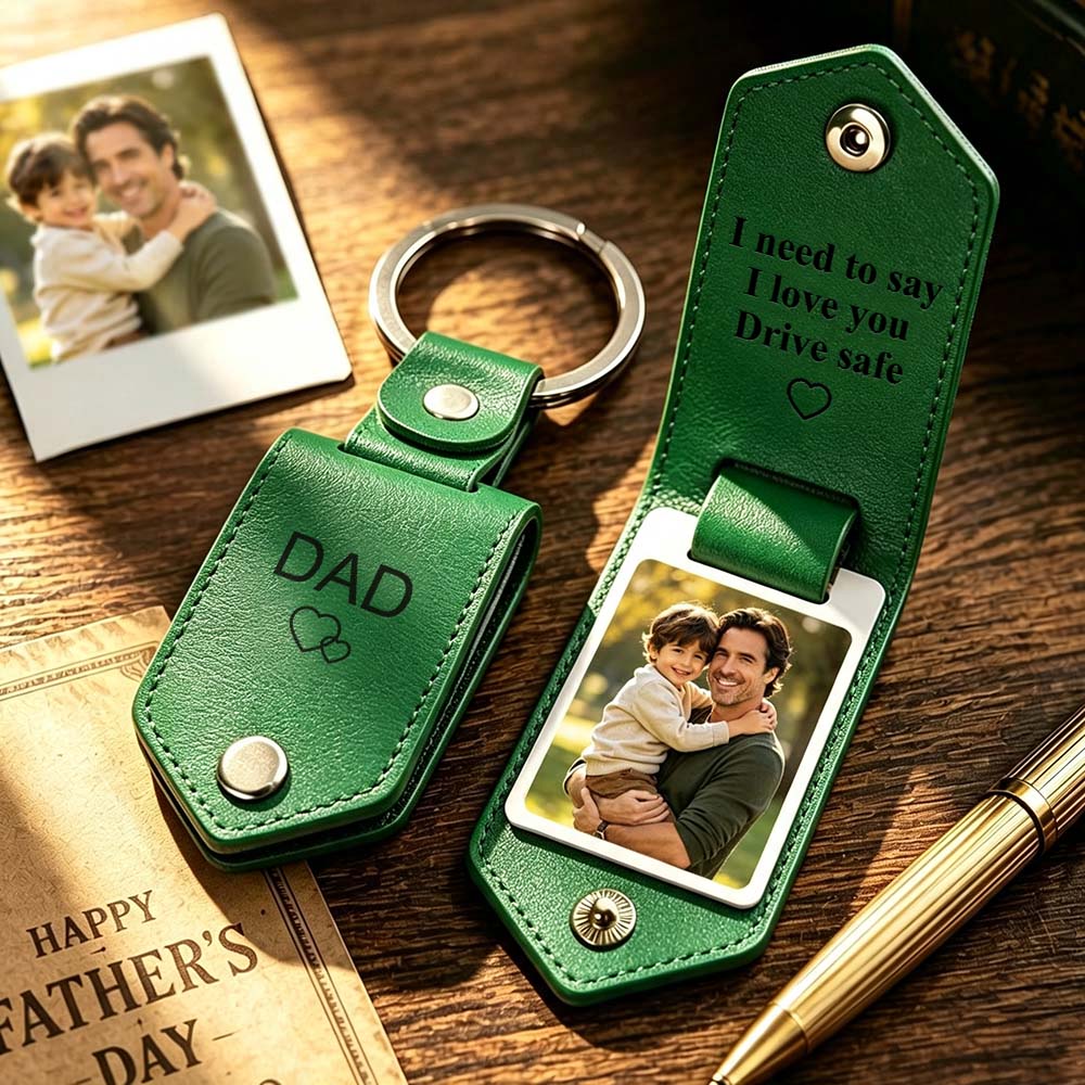 Personalized Engraved Leather Keychain with Photo,Custom Picture Keyring,Drive Safe Gift for Dad,Anniversary Gift for Husband