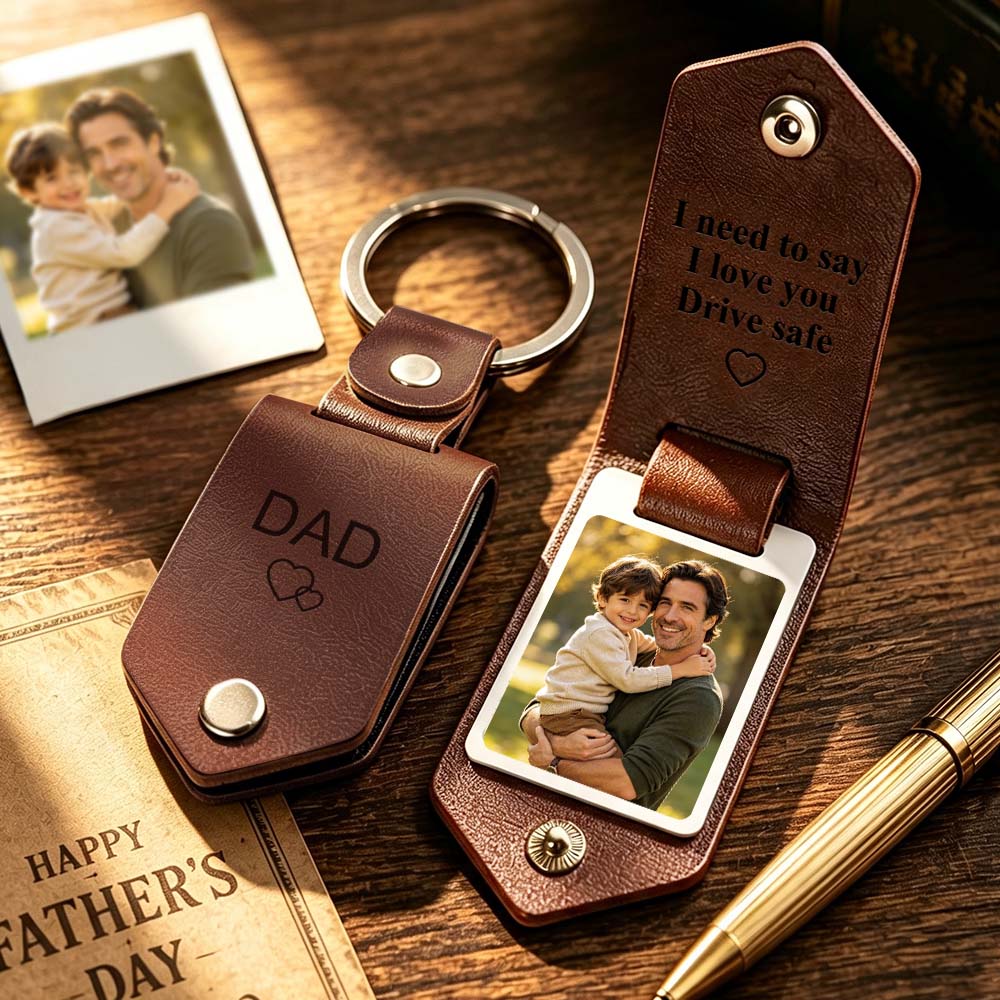 Personalized Engraved Leather Keychain with Photo,Custom Picture Keyring,Drive Safe Gift for Dad,Anniversary Gift for Husband