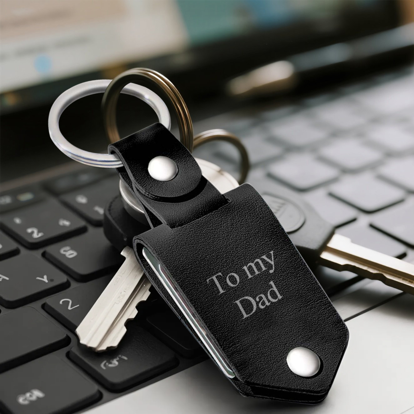 Custom Leather Dad Cartoon Poke Photo Keychain Personalized Engraved Text Commemorative Keychain Fathers Day Gifts - MyFaceSocksAU