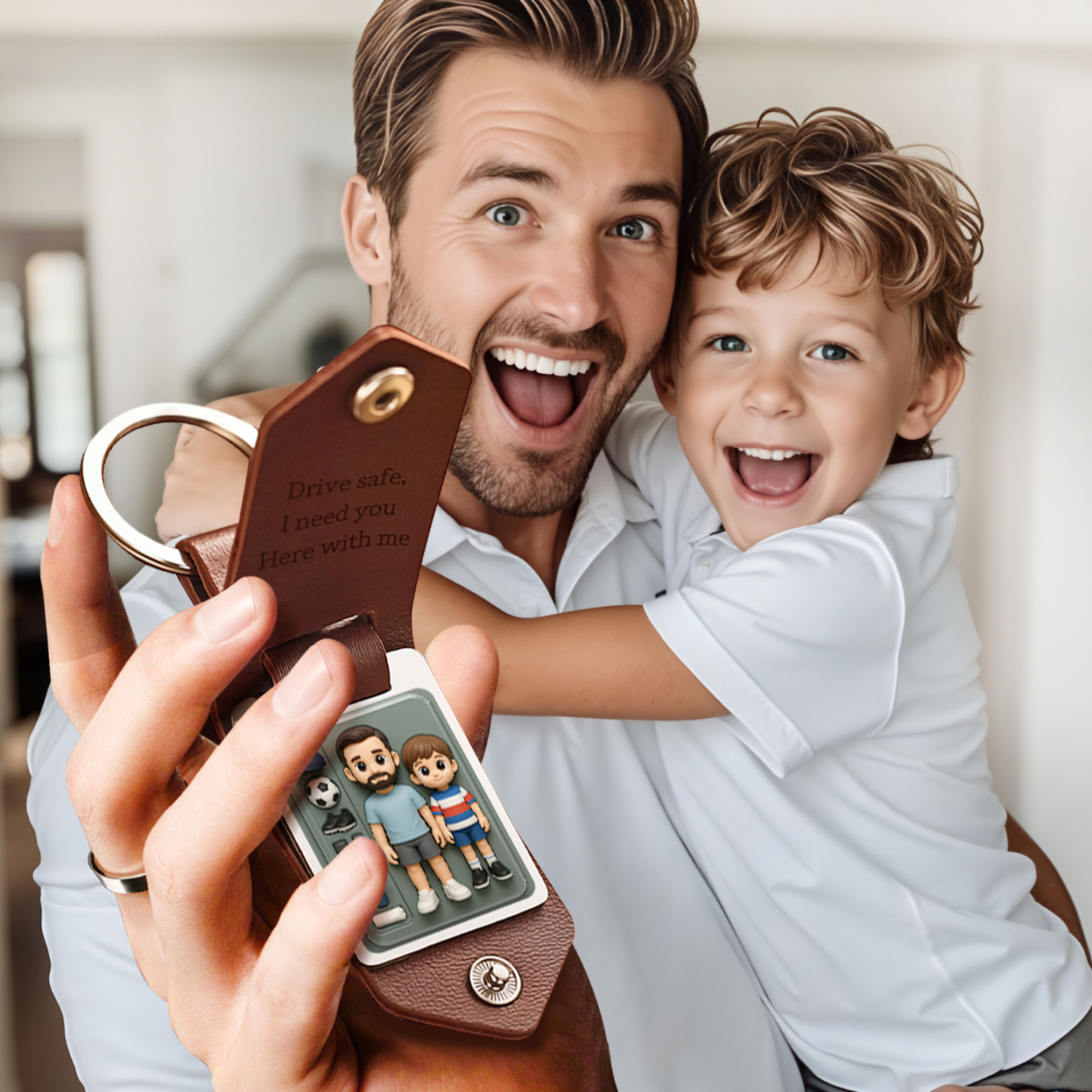 Custom Leather Dad Cartoon Poke Photo Keychain Personalized Engraved Text Commemorative Keychain Fathers Day Gifts - MyFaceSocksAU