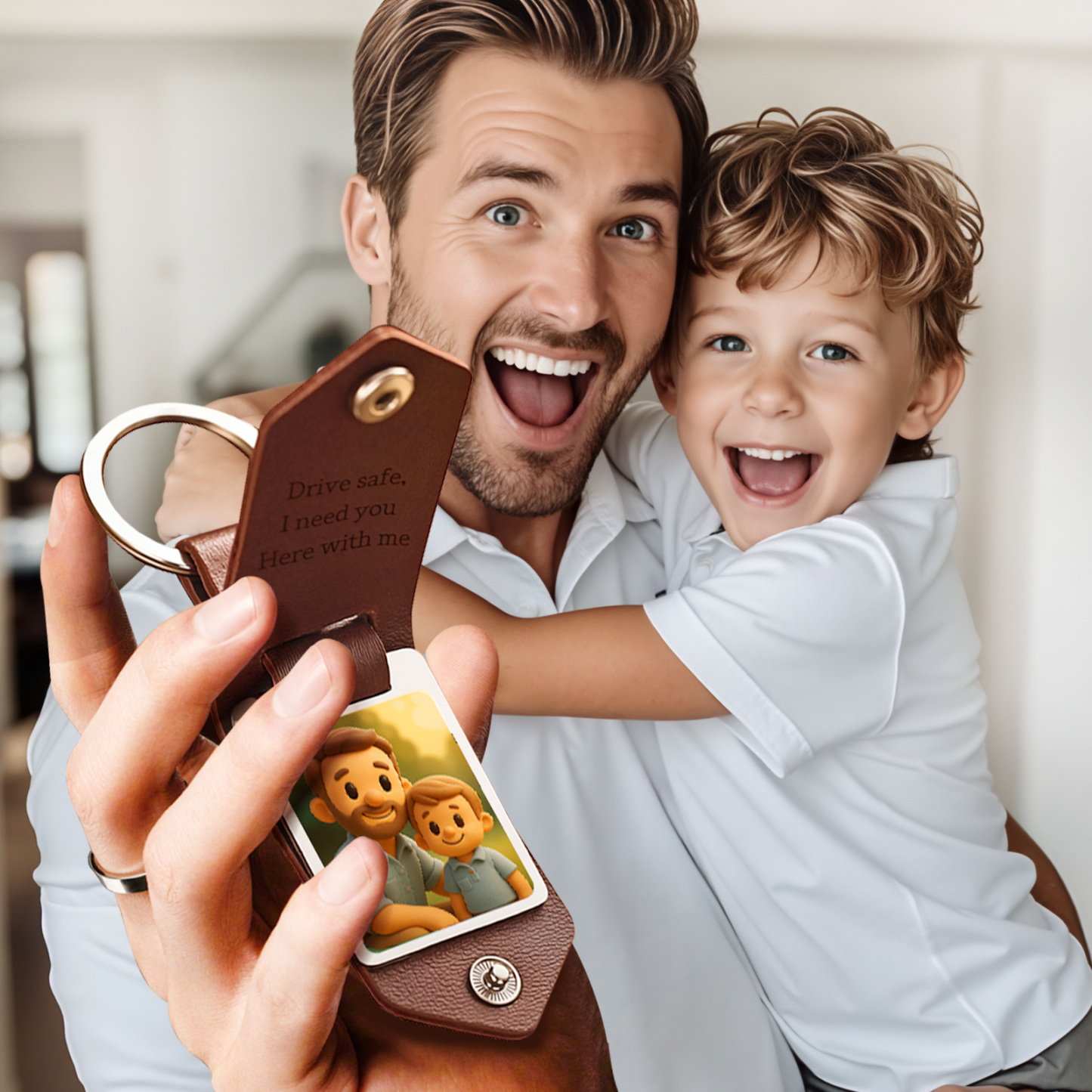 Custom Leather Dad Cartoon Poke Photo Keychain Personalized Engraved Text Commemorative Keychain Fathers Day Gifts - MyFaceSocksAU