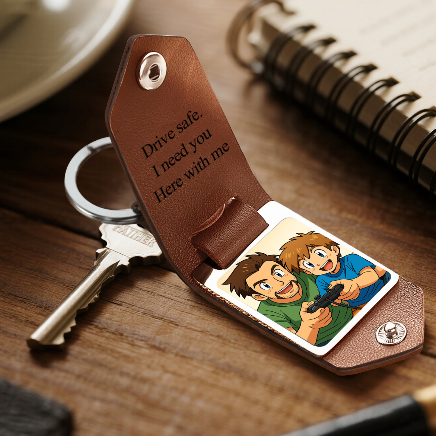 Custom Leather Dad Cartoon Poke Photo Keychain Personalized Engraved Text Commemorative Keychain Fathers Day Gifts - MyFaceSocksAU