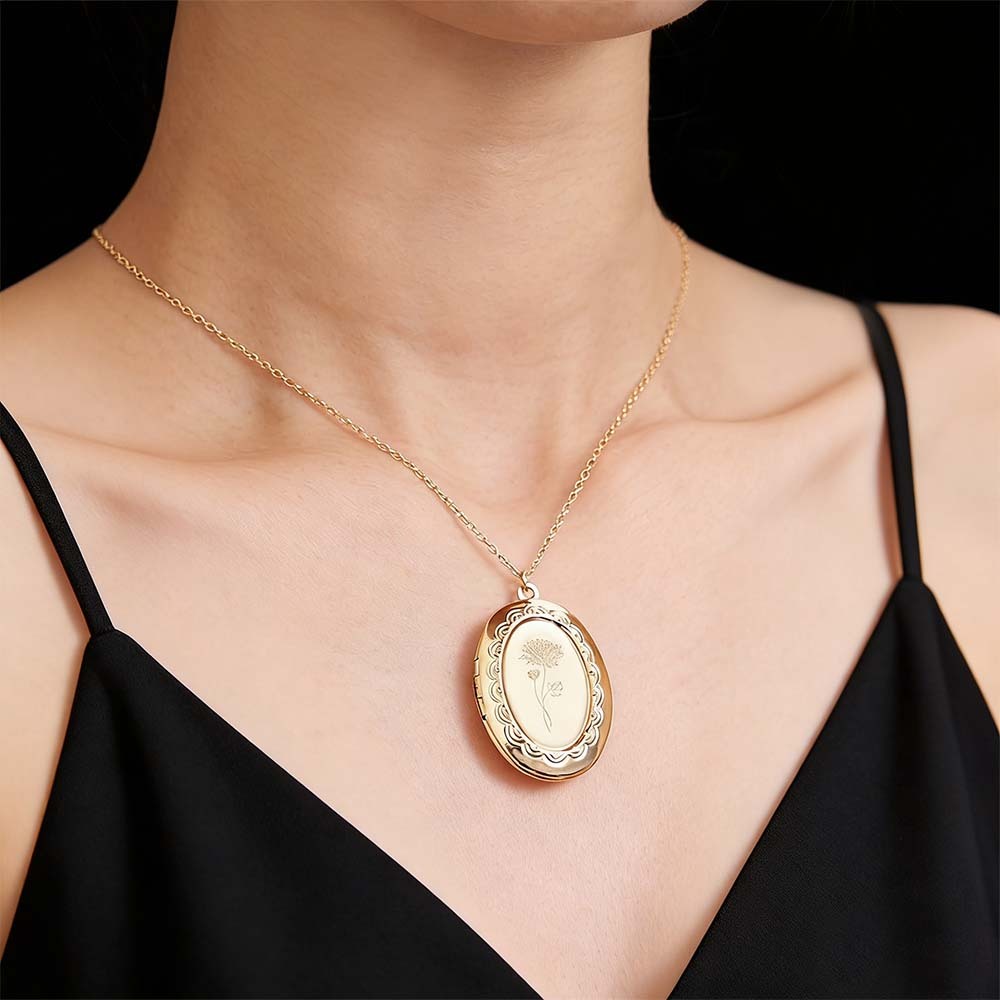 Custom Birth Flower Locket Necklace with Photo Personalized Engraved Bouquet Keepsake Memorial Christmas Valentine Gift - MyFaceSocksAU