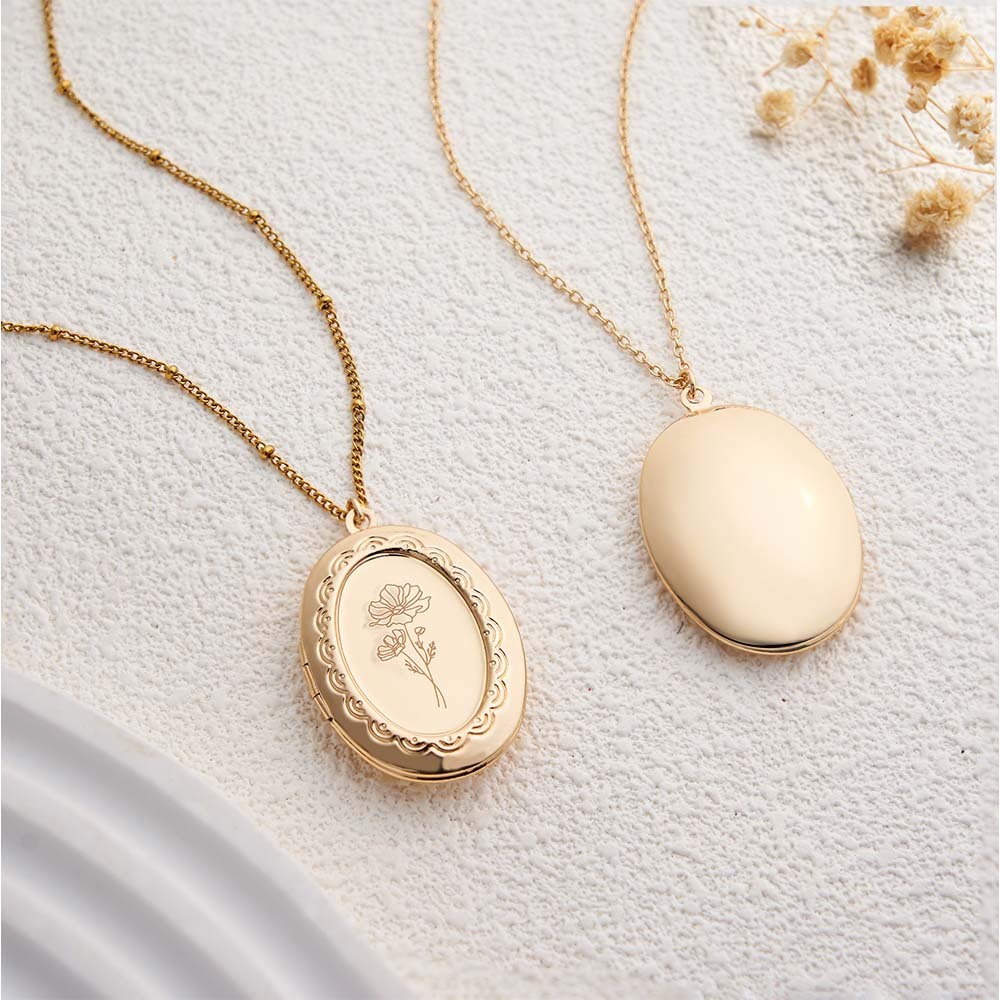 Custom Birth Flower Locket Necklace with Photo Personalized Engraved Bouquet Keepsake Memorial Christmas Valentine Gift - MyFaceSocksAU