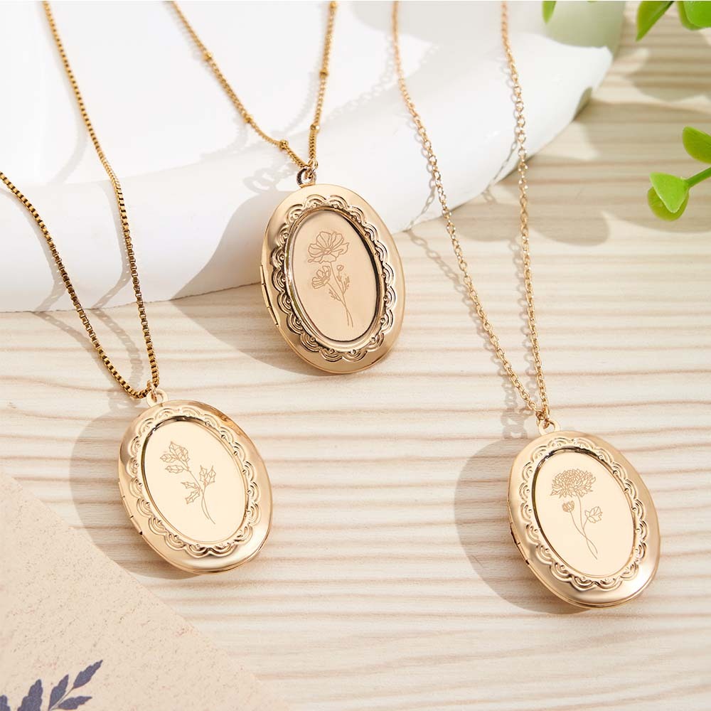 Custom Birth Flower Locket Necklace with Photo Personalized Engraved Bouquet Keepsake Memorial Christmas Valentine Gift - MyFaceSocksAU