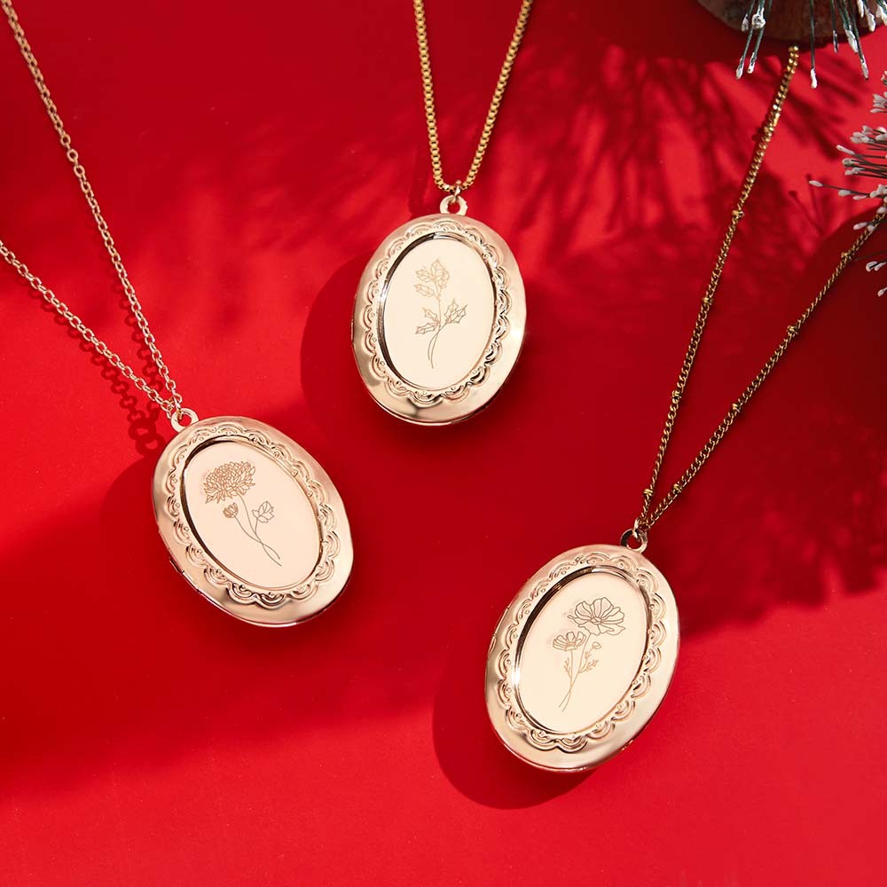 Custom Birth Flower Locket Necklace with Photo Personalized Engraved Bouquet Keepsake Memorial Christmas Valentine Gift - MyFaceSocksAU