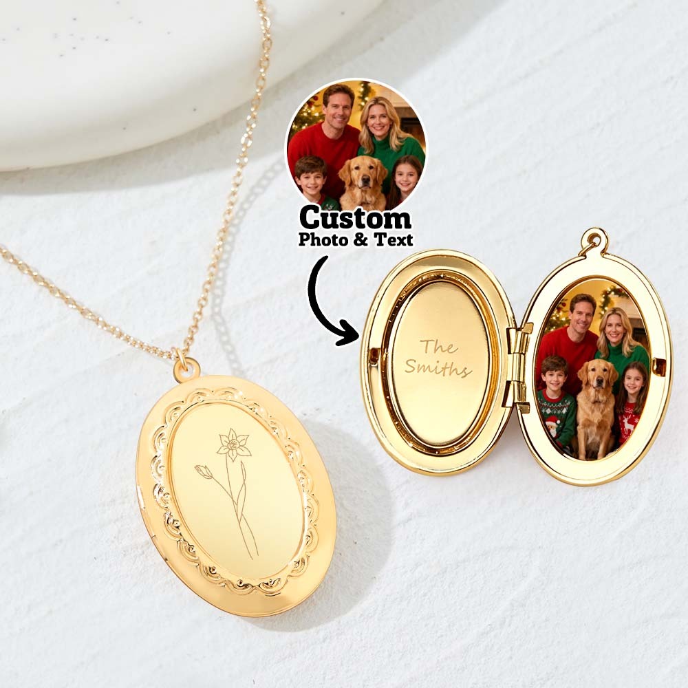 Custom Birth Flower Locket Necklace with Photo Personalized Engraved Bouquet Keepsake Memorial Christmas Valentine Gift - MyFaceSocksAU