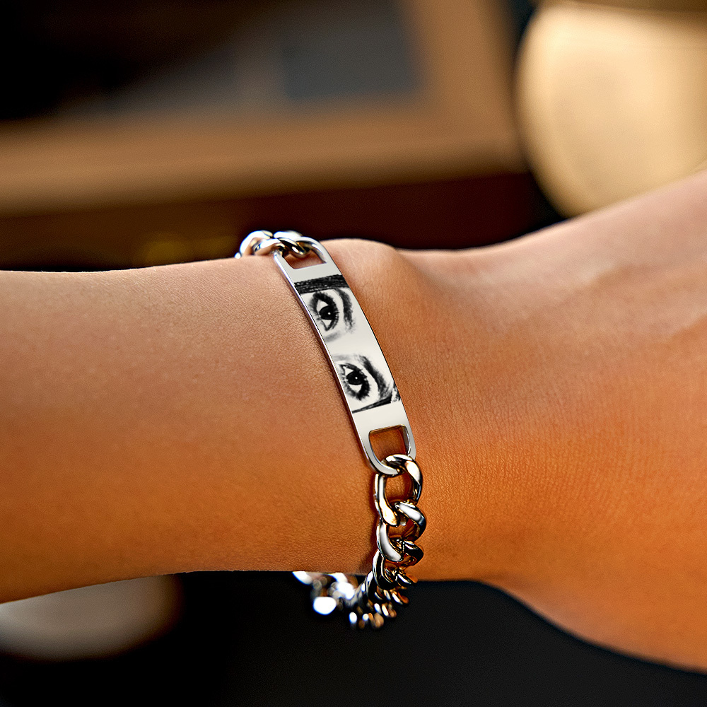 Personalized Eye Photo Bracelet for Couples - Custom Laser Engraved Stainless Steel Keepsake, Anniversary Gift - MyFaceSocksAU
